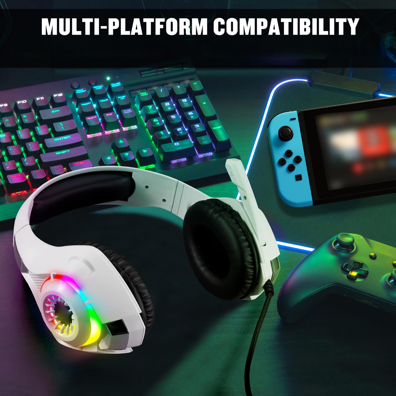 KOTION EACH GS410 Cuffie da Gioco, Cuffie da Gioco OverEar con Microfono con Isolamento Acustico Giocatori PC Desktop (Bianco)