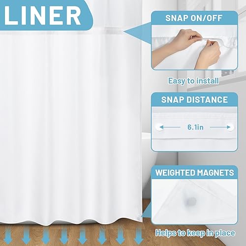 Miniatura 5 de Cortina de ducha sin gancho y con forro interior impermeable de tela a presión, cortinas de tela con diseño floral de acuarela azul y blanco,