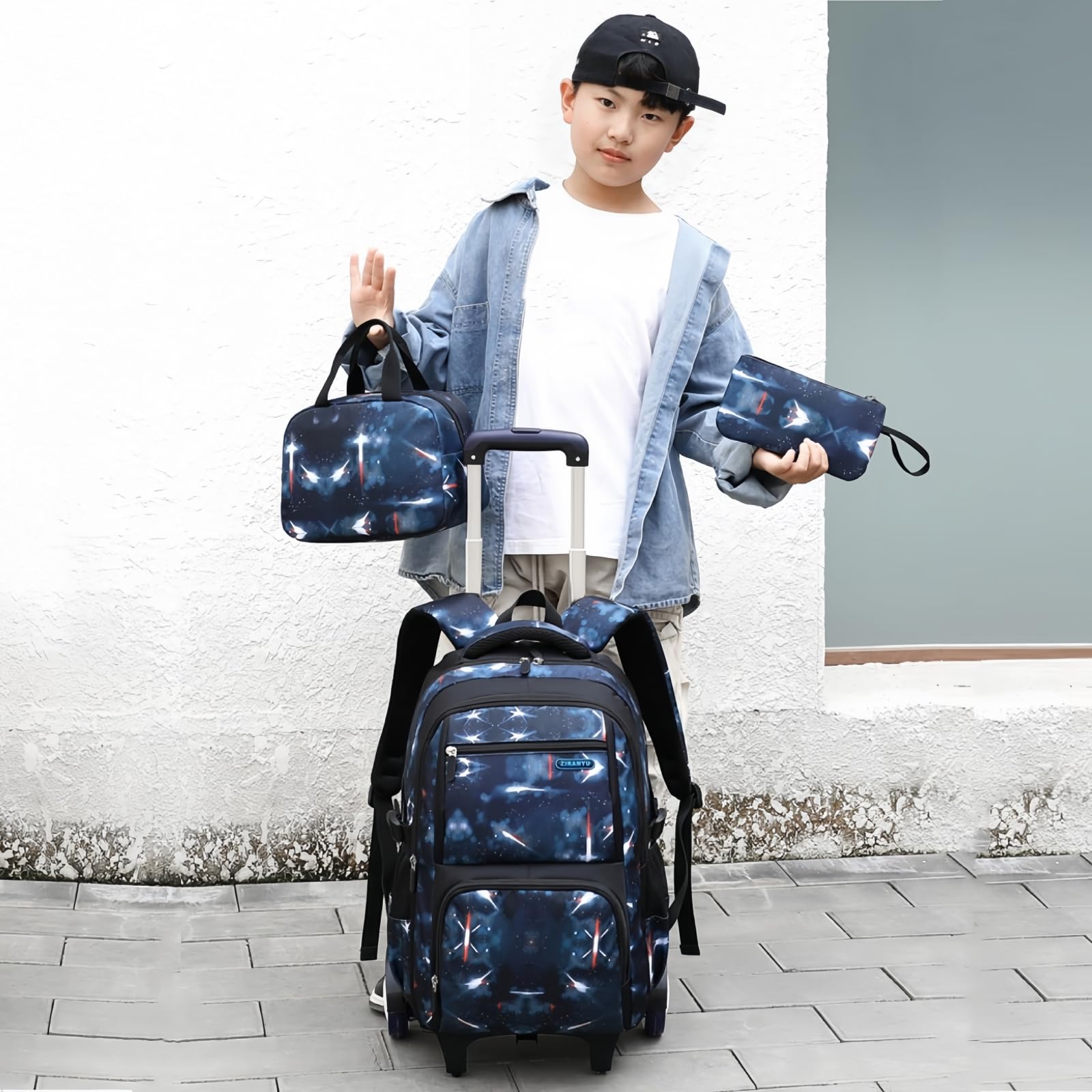 Zaino Trolley per Ragazzi Elementare Zaino Scuola con Ruote 3 Set Borsa per il Pranzo e Astuccio per le Matite
