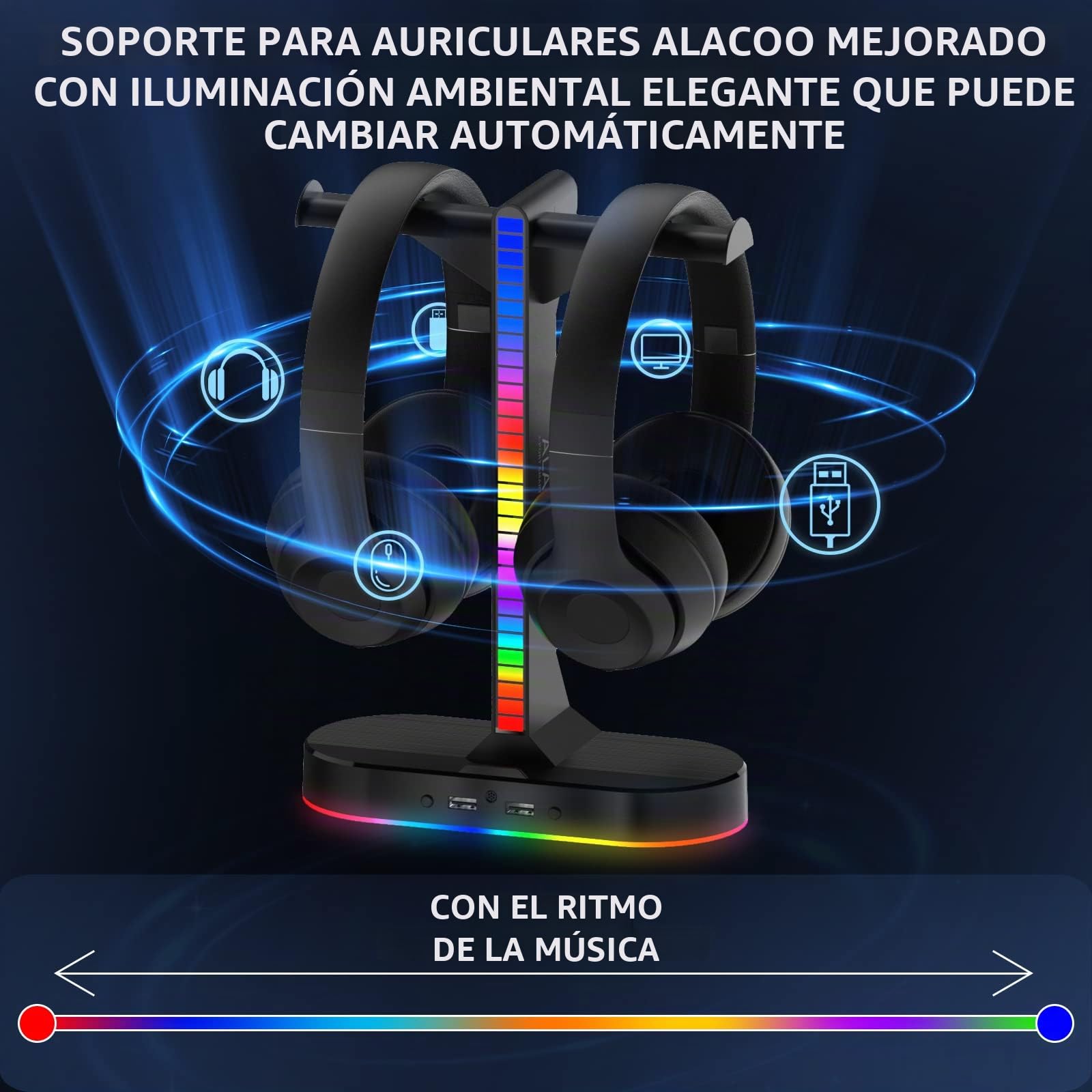 Soporte Doble RGB para Auriculares con Cargador USB, Soporte Doble para Auriculares para Juegos con 2 Puertos USB y Puerto de Audio de 3.5 mm, luz LED RGB para Todos los Auriculares, Mesa de Jugador
