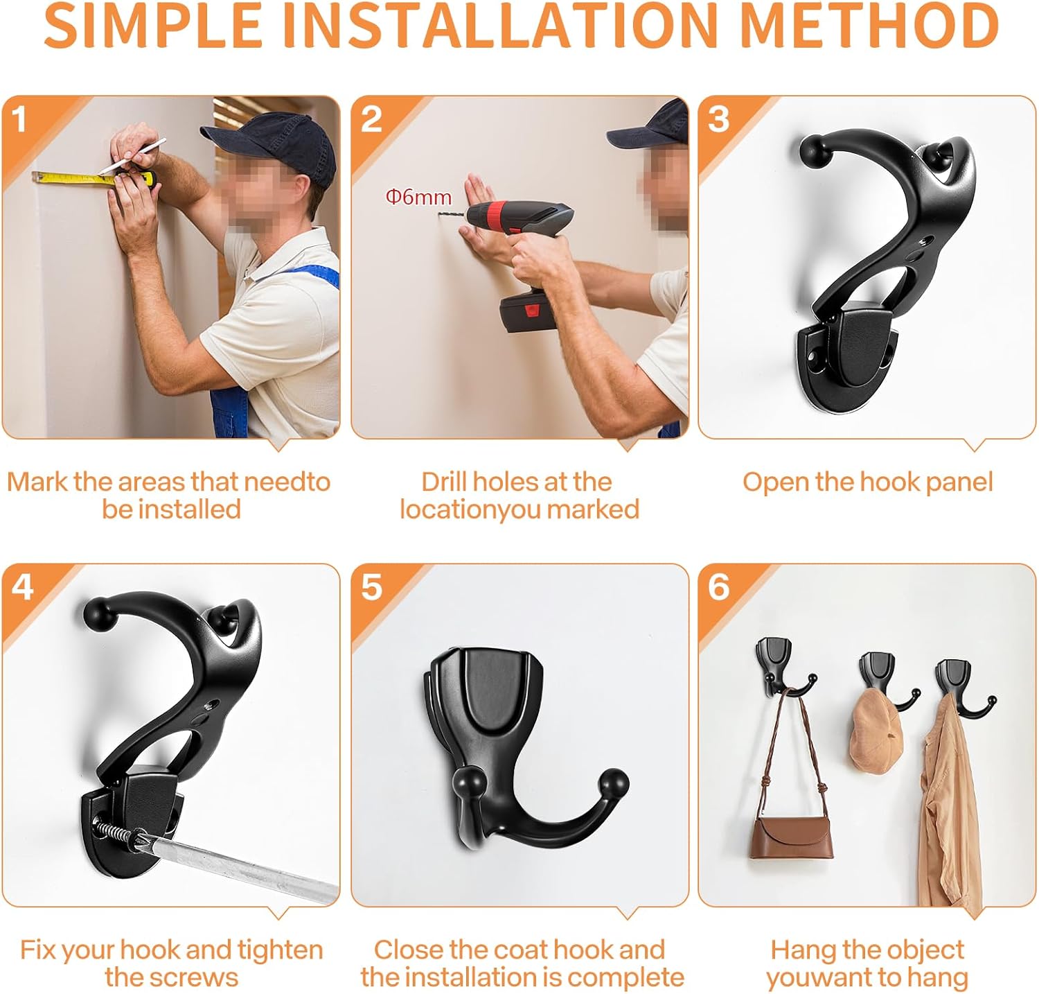 Coat Hooks Wall Mount: Flip Lid Conceals Screws & Double Hooks, Heavy Duty Wall Hooks, Damage-Resistant Clothing Design, Towel Hooks for Bathroom Living Room to Hang Coats Hats Keys (6, Black)