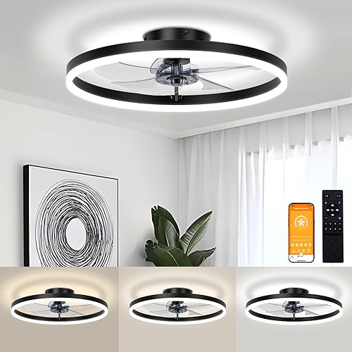 VOLISUN Ventiladores de techo de perfil bajo con luz y control remoto, ventilador de techo de 19.7 pulgadas con luces, 3000 K-6500 K, luz LED de