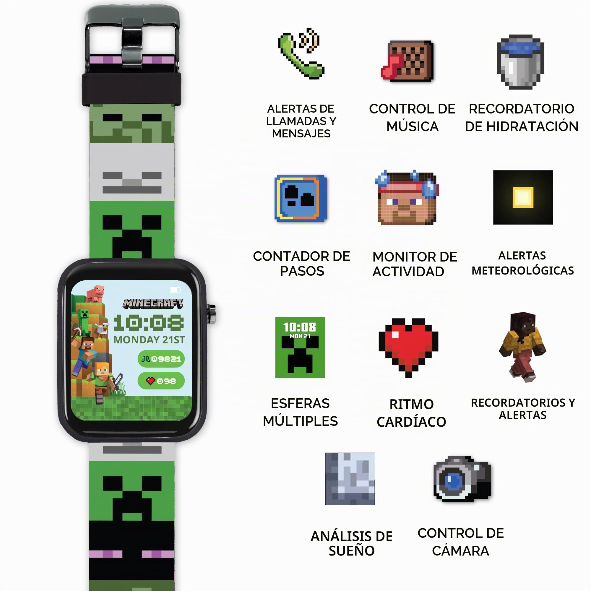 Accutime Minecraft MIN4363ARG - Reloj inteligente con correa impresa verde para niños