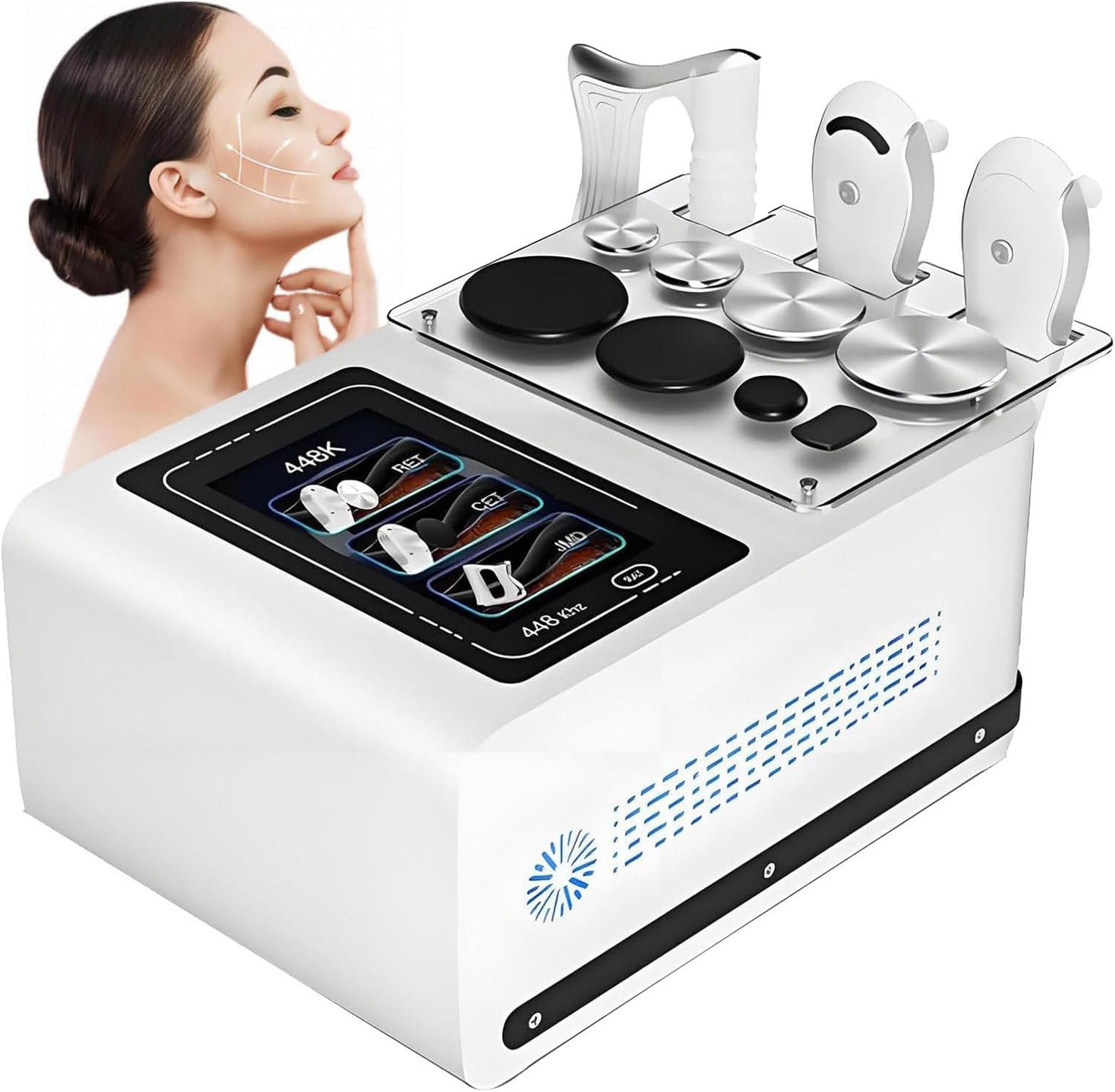Apparecchio Professionale per Terapia CET RET 448 Khz - Terapia Fisica, Gestione del Dolore per Lifting, Perdita di Peso E Modellamento del Corpo, con 3 Manici E 8 Postazioni di Lavoro White