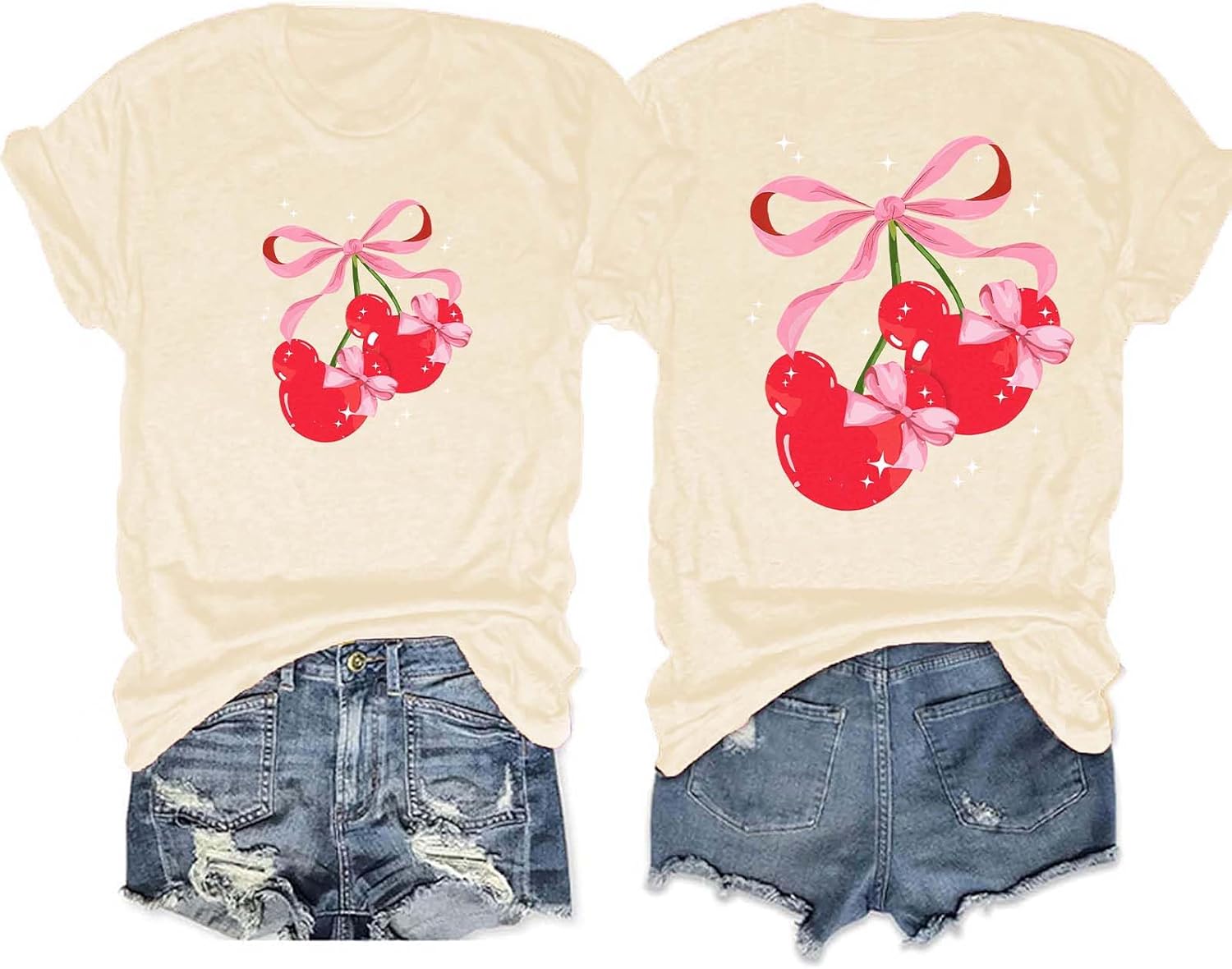 Magical Shirt for Women Pink Bow and Cherry Graphic T Shirt Casual Holiday Cute Trendy Tee Tops