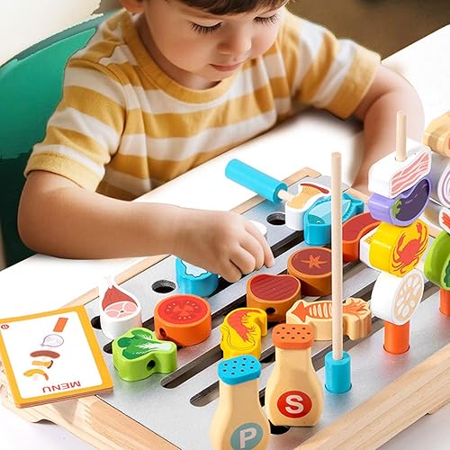 Miniatura 3 de Asixxsix Juego de barbacoa de madera para niños, juguete de cocina multifunción con 25 piezas de alimentos y herramientas de parrilla, juego de