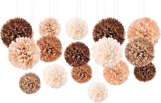 AOBKIAT Fall Party Decorations,16 PCS Brown Paper Pom Poms,Hanging Flowers for Boho Baby Shower,Bridal Shower,Rustic Wedding,Thanksgving Pumpkin Party,Class School Office Decor