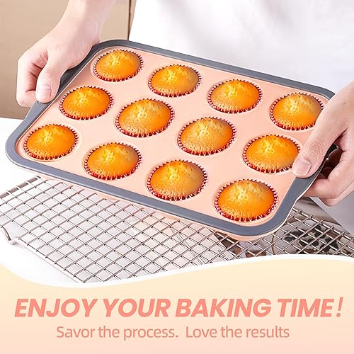 Miniatura 7 de Molde de silicona para magdalenas de 12 tazas para hornear, molde antiadherente prémium para magdalenas con marco reforzado de metal, moldes de