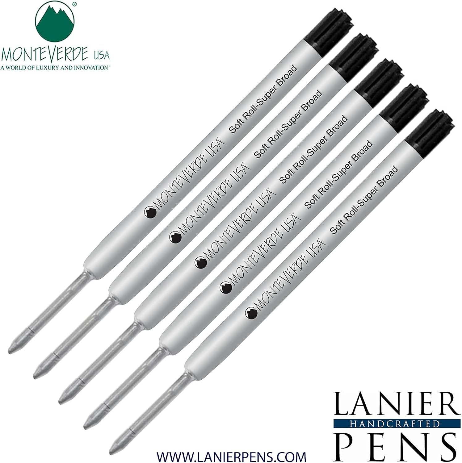 Lanier Combo Pack - 5 Pack - Monteverde® Soft Roll™ Super Broad Ballpoint P15 Paste Ink Refill Compatible with Most Parker® Style Ballpoint Pens - Black (Super Broad Tip 1.4mm)