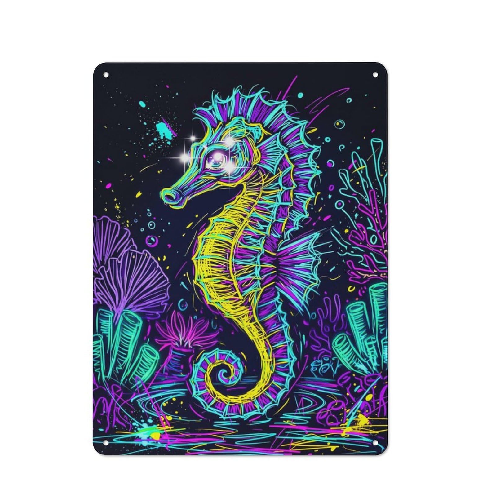For Hallway Wall, Vibrant Neon Seahorse Graffiti Vintage-inspired Metal Sign 40x30cm, A Moving-home Gift for Collectors of Tin Signs