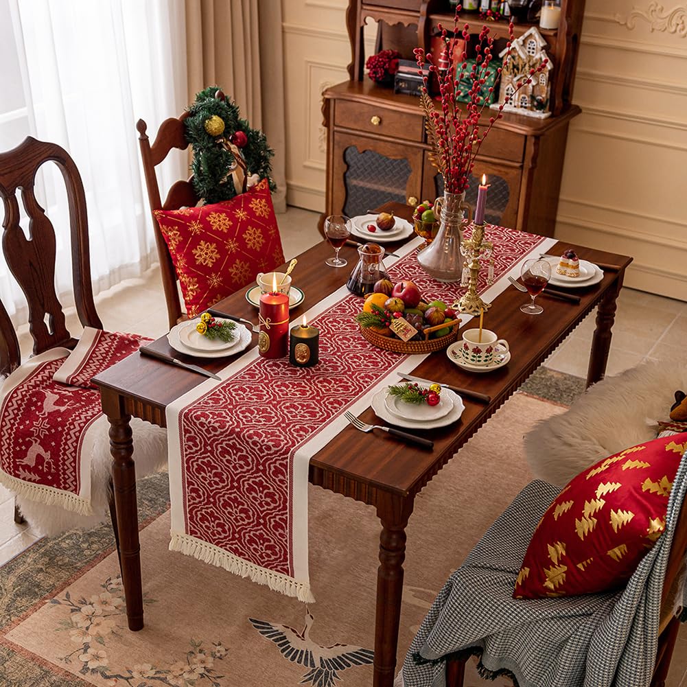 NIUSABOU Kitchen Dining TableDecoration, Red Rustic Table Runner Farmhouse Style 35x120-350cm(B,35x350cm(13.7x137.7in))