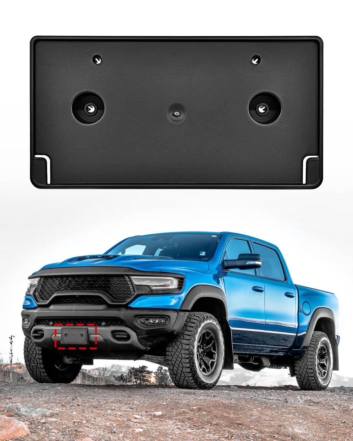 TOP-MAX Front Plate License Bracket Holder Only Compatible w/ 2019-2024 Ram 1500 Rebel, 2021-2024 Ram 1500 TRX Replaces OEM 68274219AD CH1068153, No Drill License Bracket Mounting Kit w/Screws