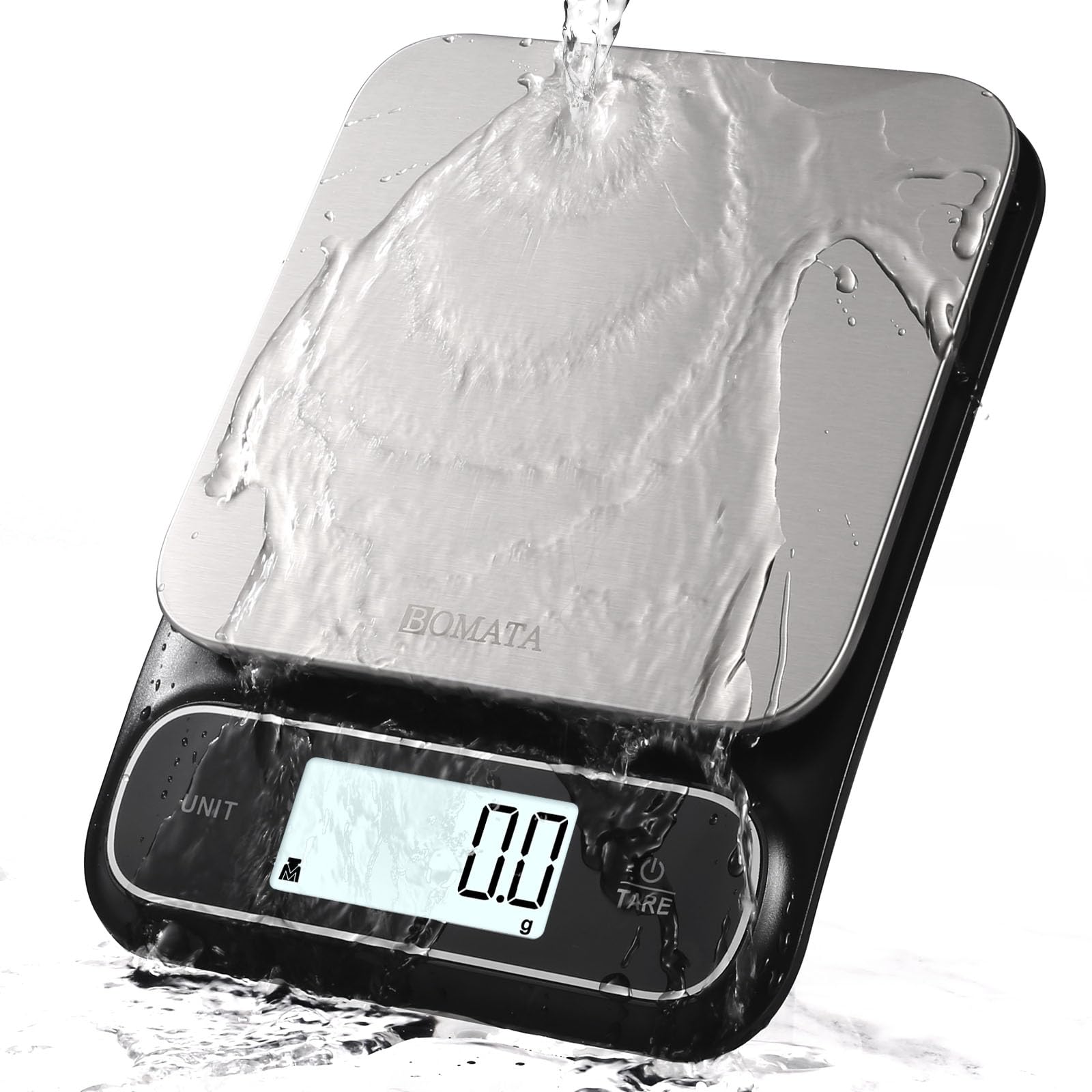 BOMATA Báscula de cocina resistente al agua IPX6, de alta precisión de 0.1g, con pantalla digital retroiluminada y plataforma de pesaje de acero inoxidable. Ideal para alimentos, cocina. B619 Negro