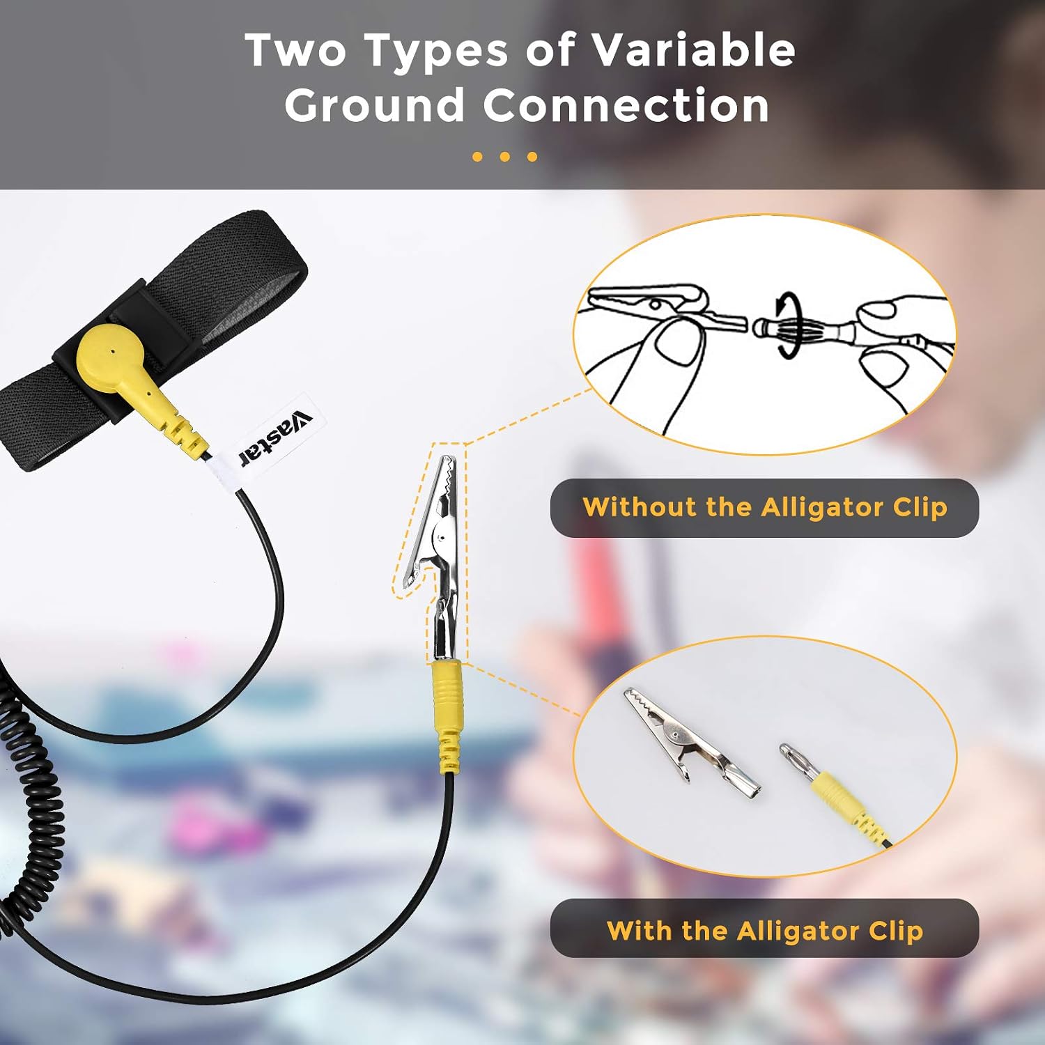 Vastar ESD Anti-Static Wrist Strap Components, Fabric Adjustable Wrist Strap with Grounding Wire, Alligator Clip, Extendable Long Cord, Black