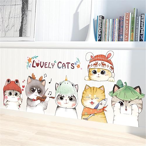 Miniatura 2 de Calcomanías de pared de seis lindos gatitos, gatos encantadores de sacinora pintadas a mano, calcomanías de pared de animales de dibujos animados,