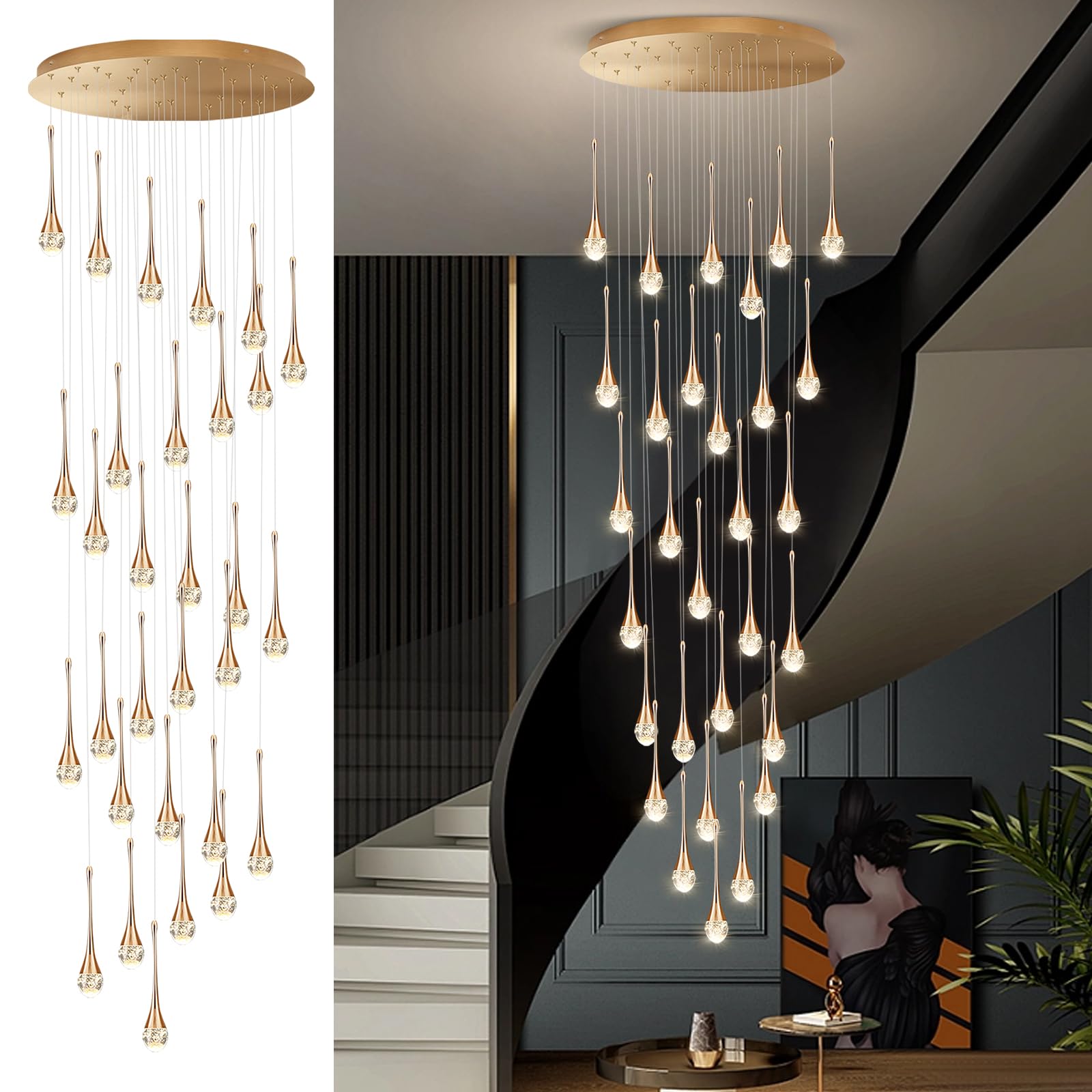PCXEHUYP Luxury Modern Crystal Chandelier for Staircases and Duplex Villas Adjustable Water Droplet Ceiling Light Fixture (30 Lights)