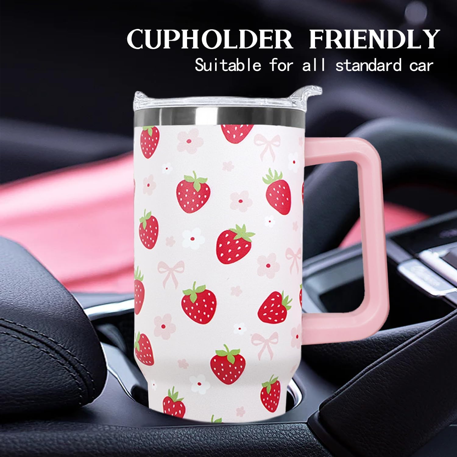 Ceovfoi 40oz Strawberry Tumbler With Handle Lid and Straw,Strawberry Floral Coffee Mug Cup Water Bottles,Strawberry Themed Gifts for Women,Strawberry Decor Stuff Accessories - Image 6