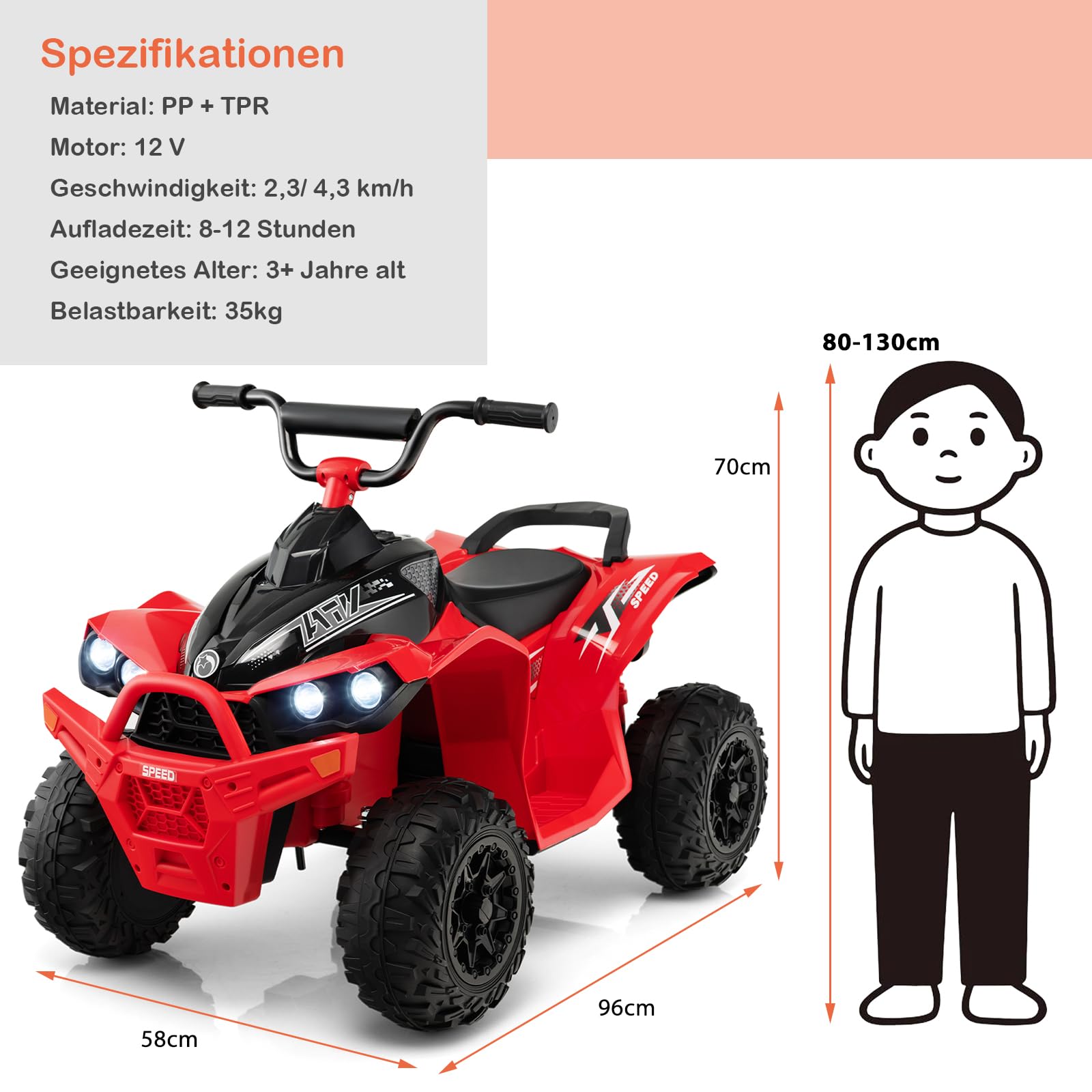 DREAMADE Kinderquad ATV, 12V Elektroquad mit LED-Lichtern,Hupe, Musik & Ladegerät, 2,15-4,3 km/h, Elektrofahrzeug für Kinder 3-8 Jahre (Rot)
