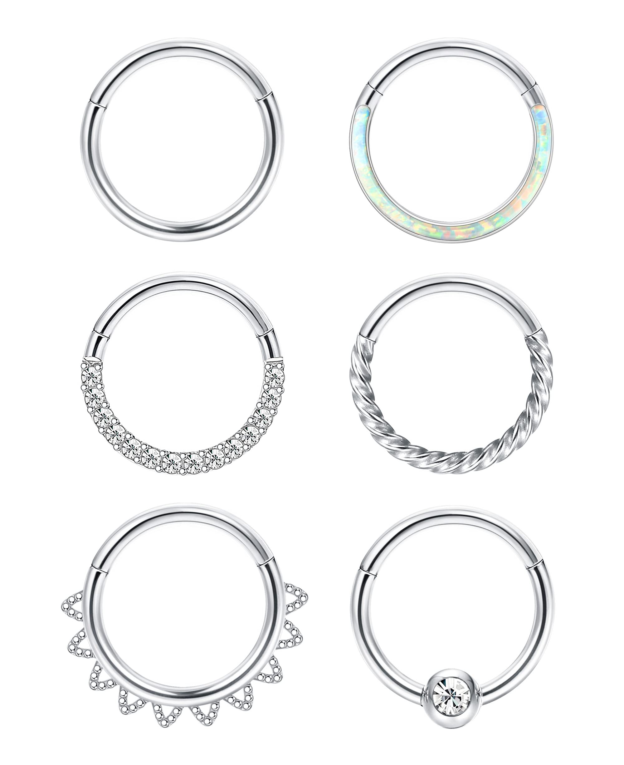 CASSIECA 18G 16G Surgical Steel Nose Rings Hoop Clicker Septum Rings for Women Men CZ Opal Cartilage Hoop Earrings Helix Daith Rook Lip Conch Hoop Body Piercing Jewelry 8MM 10MM