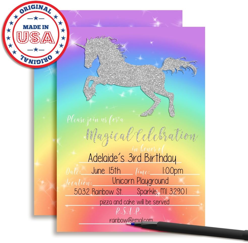Rainbow Glitter Unicorn Birthday Party Invitations for Girls, 20 5x7 Fill In Cards with Twenty White Envelopes by AmandaCreation