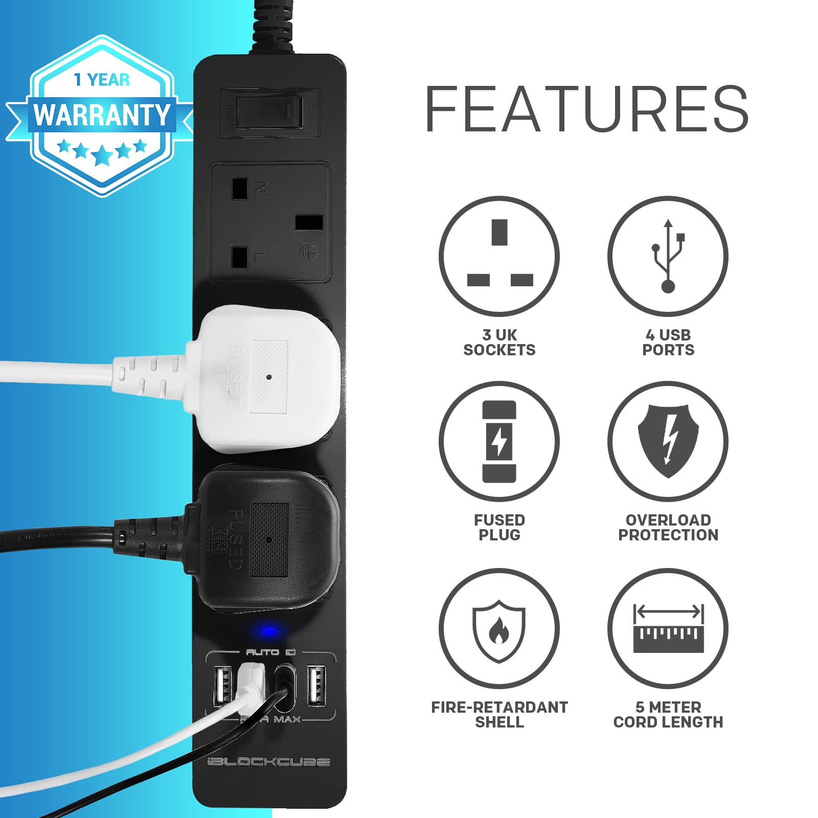 iBlockCube® 5M Extension Lead Surge Protected Power Strip Outlet w/ 4