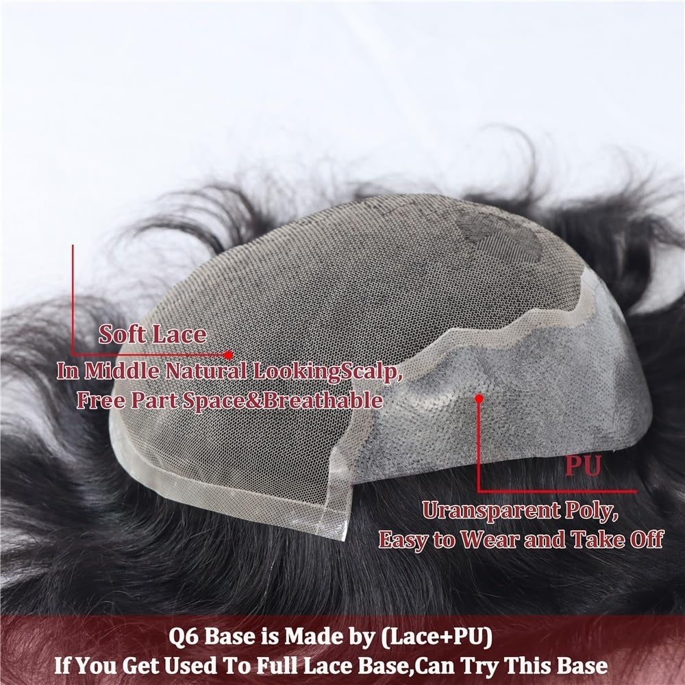 Men's Toupee Spitzenoberteil mit PU-Umrandung Herren-Haarteil-Toupet for Männer Q6-Basis Brasilianische Remy-Haareinheiten Atmungsaktiv(6x8)