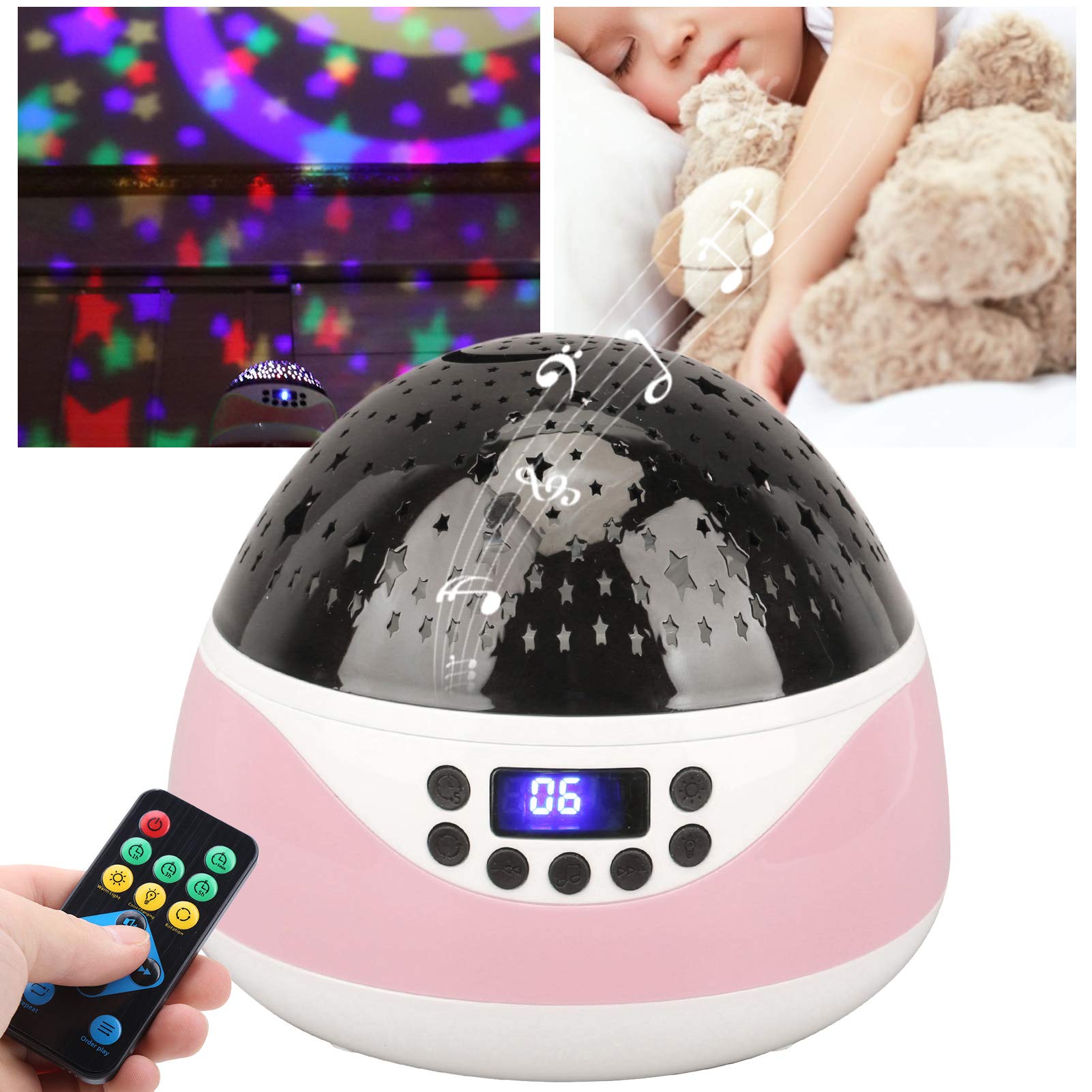 Proiettore di luce notturna con display digitale a LED con telecomando con musica per bambini (roseate)