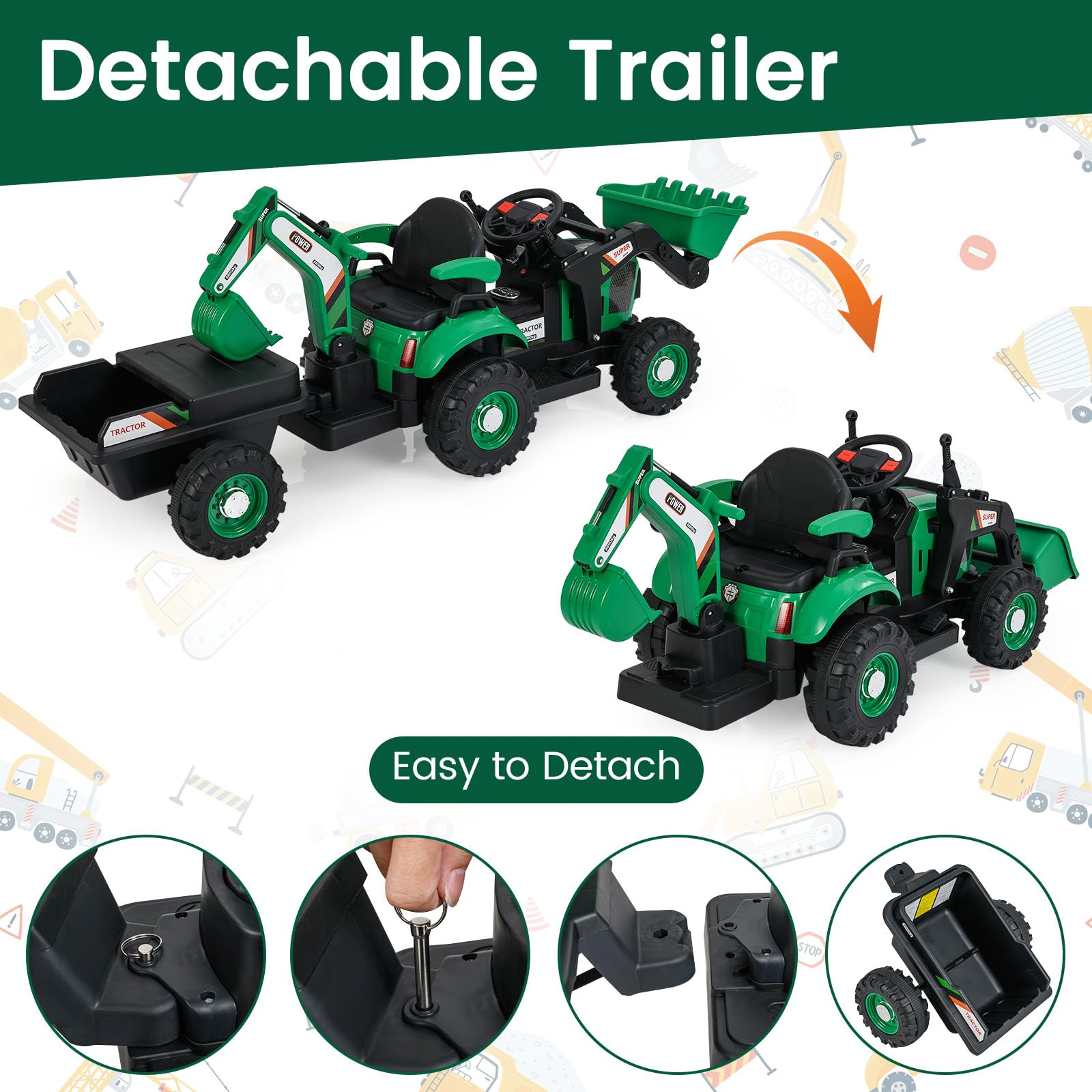 RELAX4LIFE Trattore Elettrico 4 in 1 per Bambini, Escavatore e Bulldozer con Rimorchio, Pala e Ruote Antiscivolo, Veicolo da Cantiere con Sedile Regolabile, Luci LED per Bambini di 3+ Anni (VERDE)