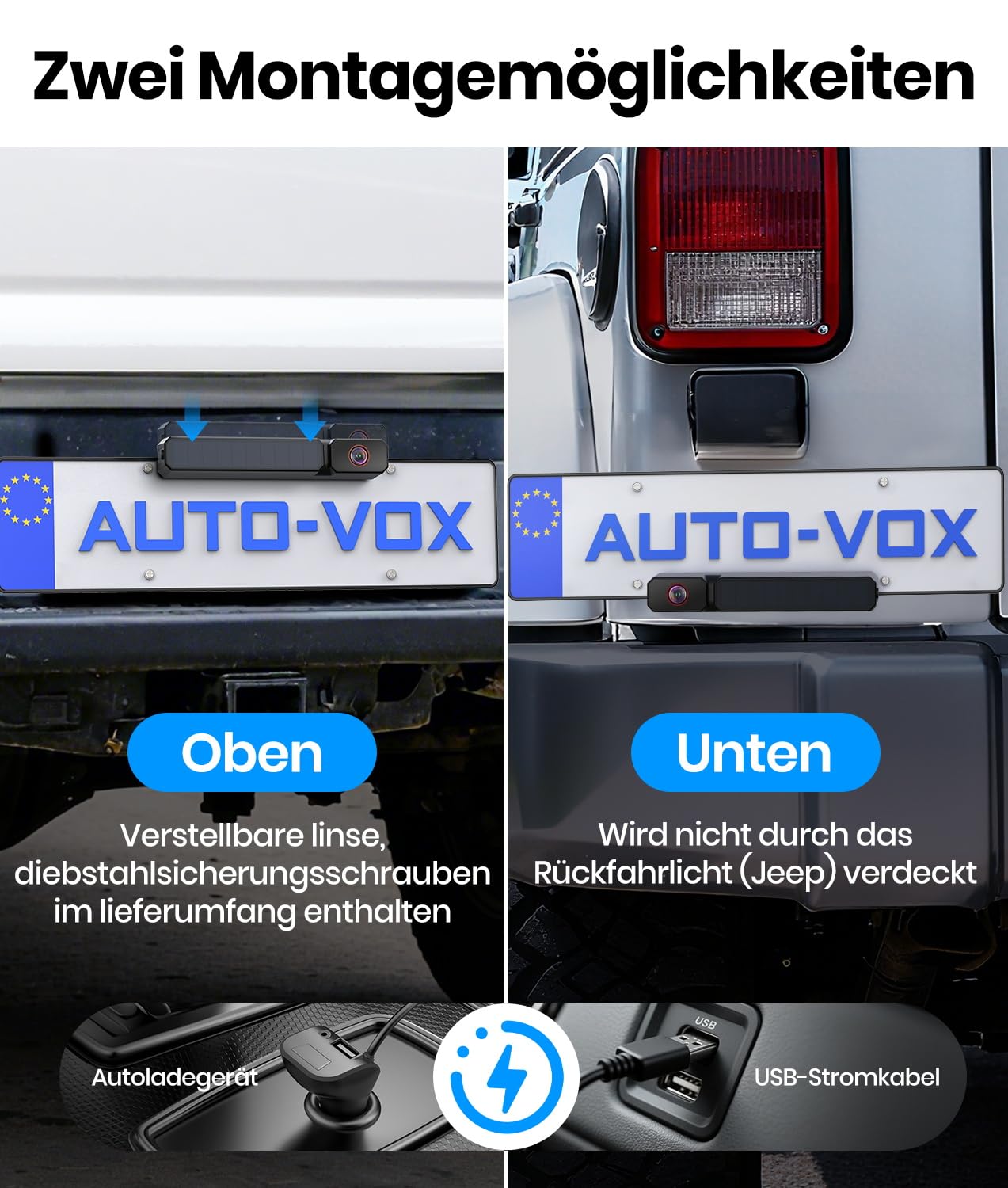 AUTO-VOX Dual Solar Rückfahrkamera Kabellos 7,2" HD Split-Screen Monitor DVR-Aufnahme IP69K für Wohnmobil LKW Anhänger