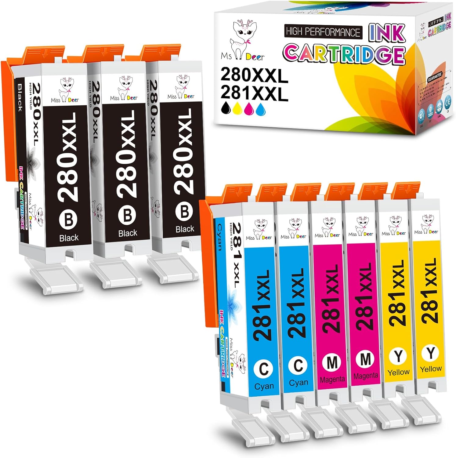 Miss Deer 280 281 Ink Cartridges Compatible Replacement for Canon PGI-280XXL CLI-281XXL PGI280 CLI281 Used with Canon PIXMA TS9120 TS8120 TS8220 TS8320 TS9100 TS8100 TS8300(3BK,2C,2M,2Y,9Pack)