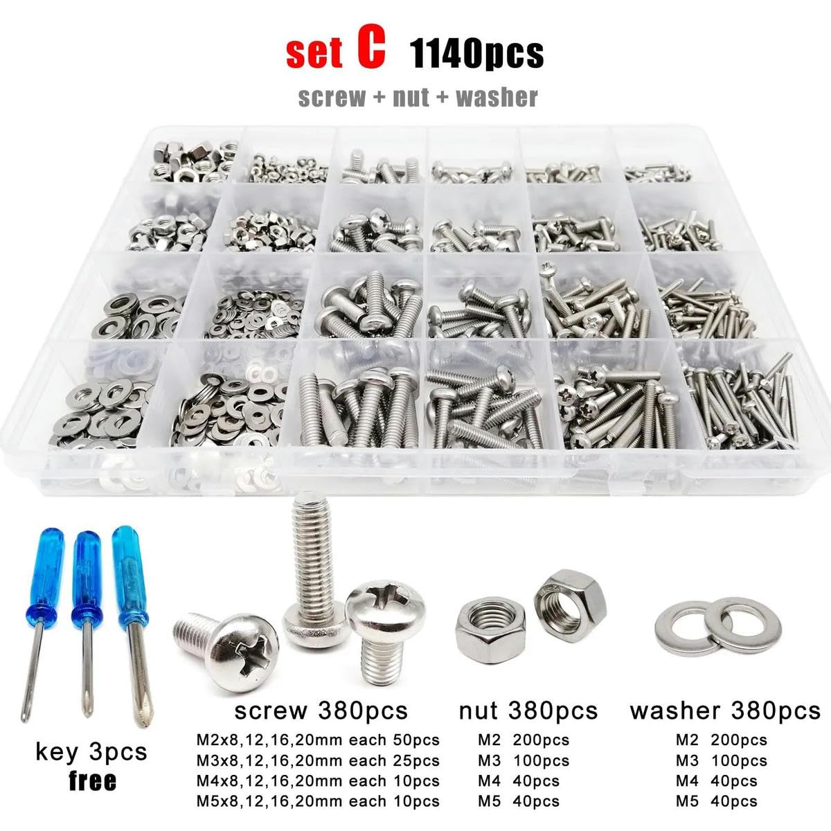 400/2100 Piezas M1.6 M2 M2.5 M3 M4 M5 304 Cabeza Redonda de Acero Inoxidable Tornillo Tuerca Surtido de Arandelas Kit Caja D 2100 Piezas