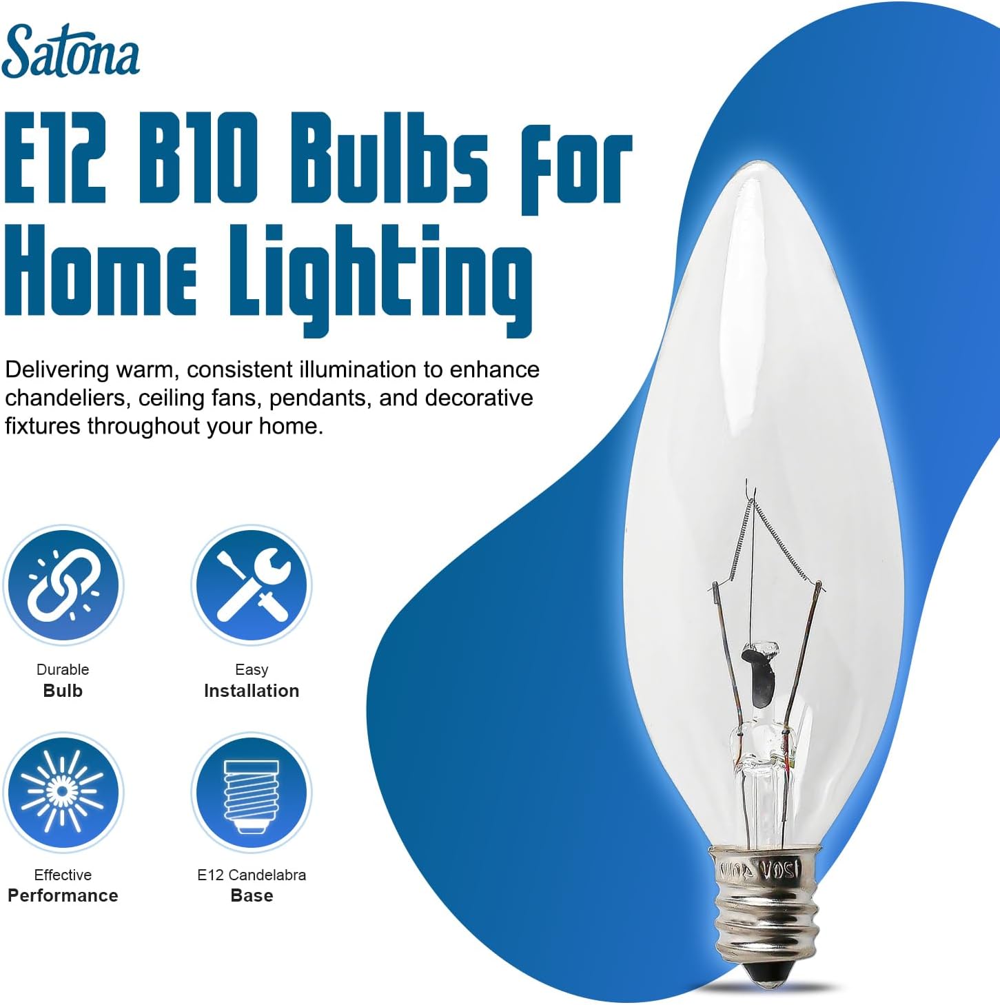 SATONA 60W 120V E12 Base B10 CTC Incandescent Light Bulbs, Transparent Candle Light Bulbs Perfect for Chandeliers, Ceiling Fan Lights, Pendants, Fireplace, Dimmable, Warm White 2700K (Pack 12)