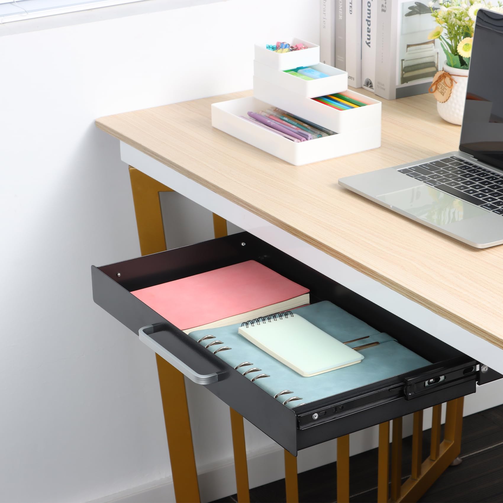 Organizer per cassetti sotto la scrivania, 54 cm, con 4 divisori in plastica, cassetto scorrevole estraibile, per casa, ufficio, tavolo da lavoro, accessori da scrivania, nero