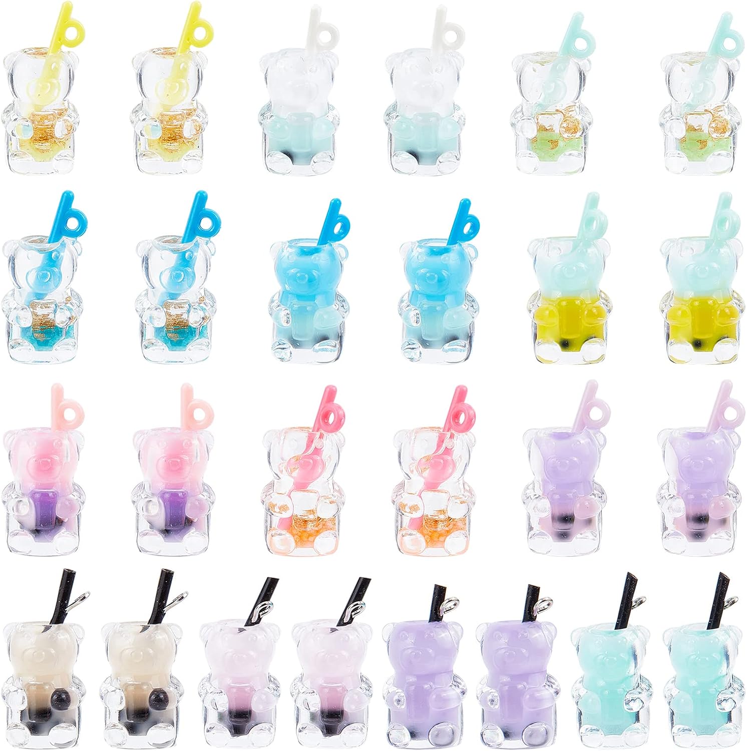 SUNNYCLUE 1 Box 52Pcs 13 Styles Boba Tea Charms Milk Tea Fruit Bubble Tea Charm Resin Bear Animal 3D Imitation Bottle Charms for Jewelry Making Charms Earring Necklace Bracelet Keychain Supplies