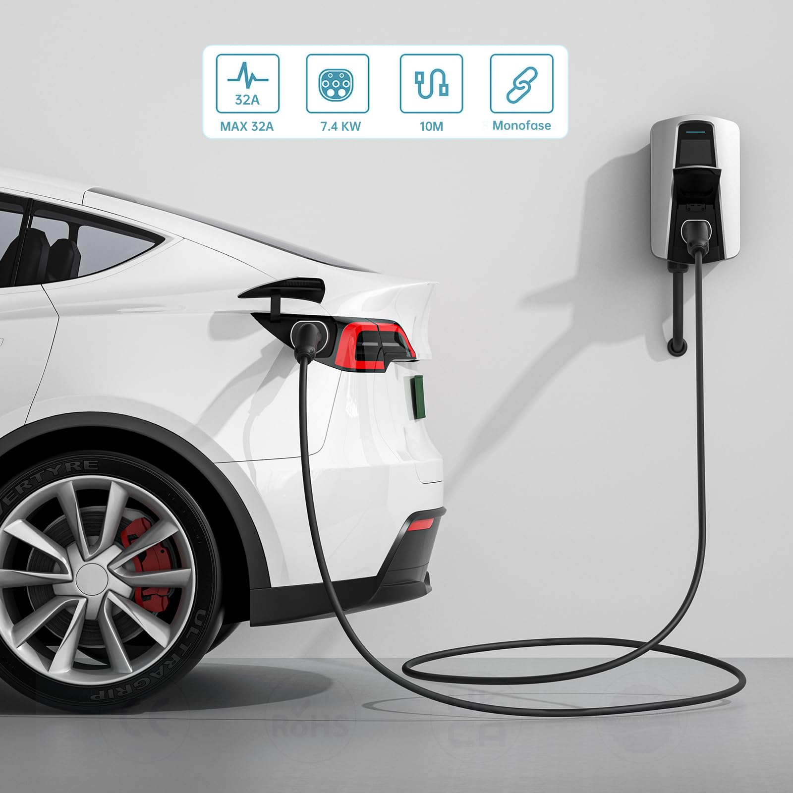 QIAO)) Cavo di ricarica per veicoli elettrici di tipo 2, 7,4kW 32A 10M monofase, elettrici da tipo 2 a tipo 2 IEC 62196, cavo di ricarica rapida per auto elettriche con borsa per il trasporto