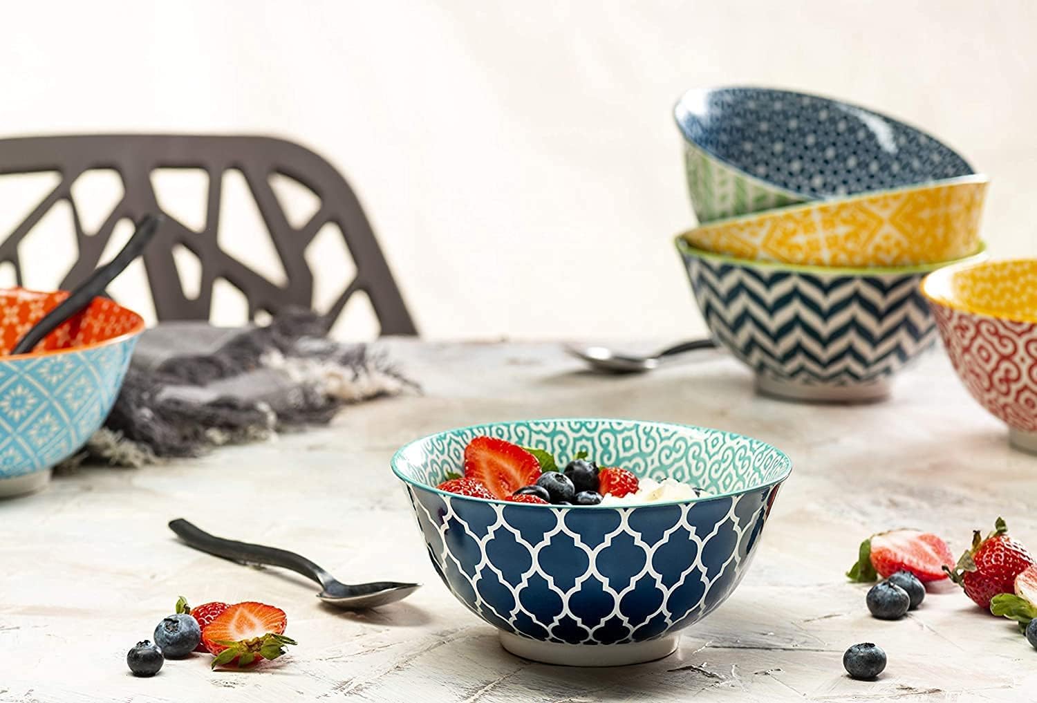 KooK Colorful Bowl, Ceramic Porcelain Bowls for Cereal, Fruit, Vibrant Patterned, Multi Color Designs, Housewarming Gift and Kitchen Decor for Soup, Salad, Set of 6, 18oz (Colorful) - Image 3