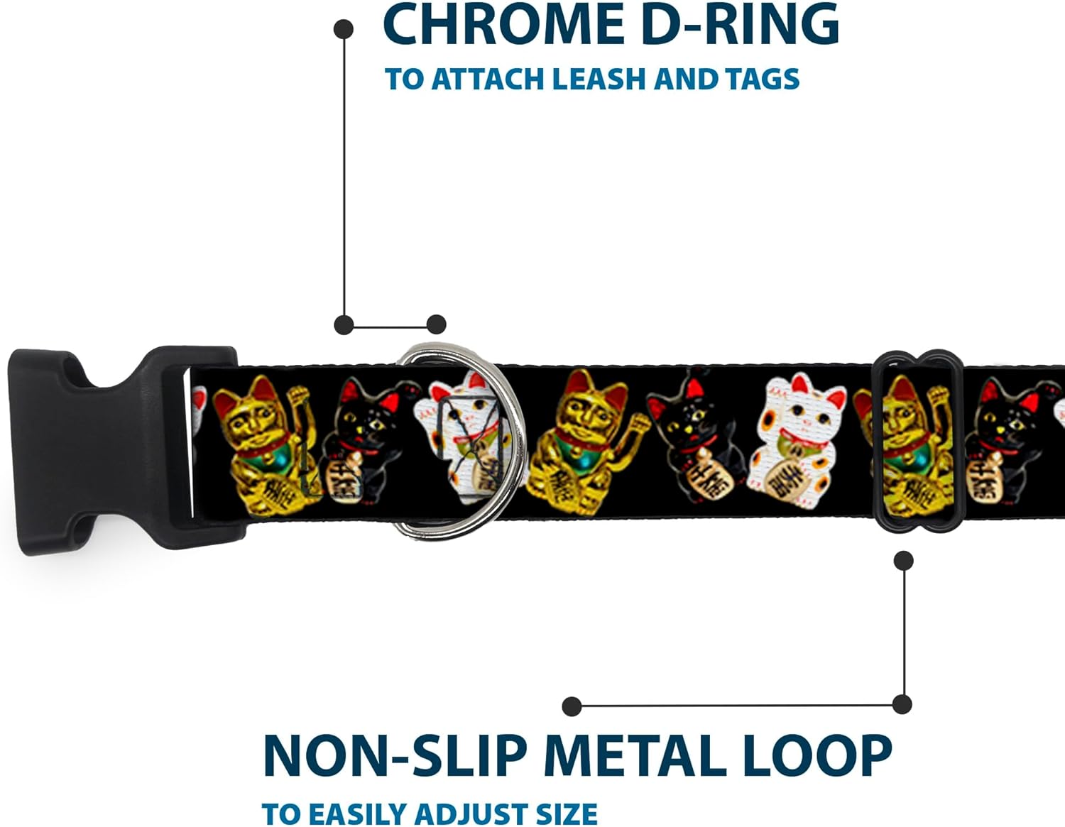 Buckle-Down 13-18" Maneki Neko Lucky Cats Gold/Black/White Plastic Clip Collar, Wide Small