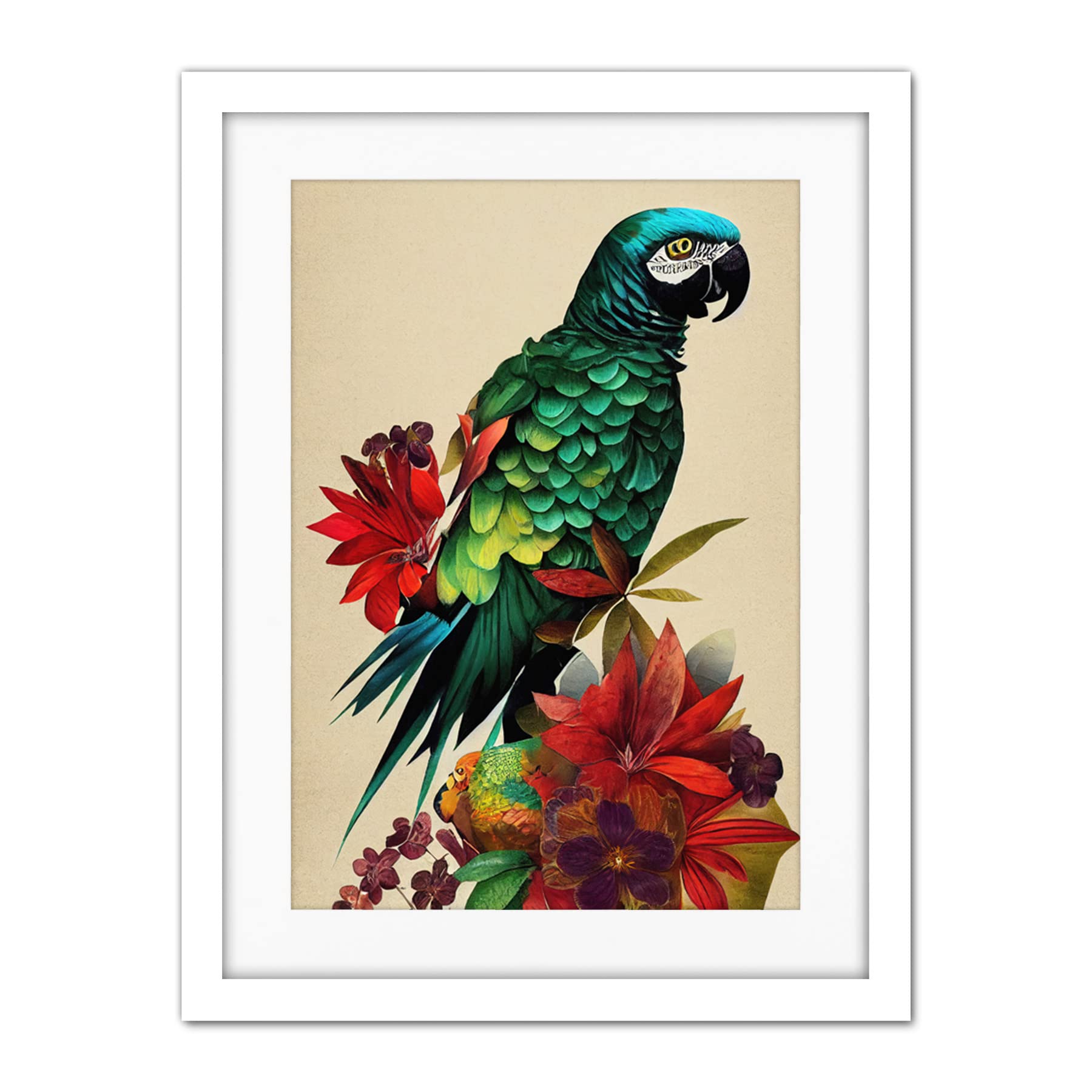 Doppelganger33 LTD Exotic Flowers And Feathers Macaw Parrot And Jungle Blooms Artwork Framed Wall Art Print 18X24 Inch