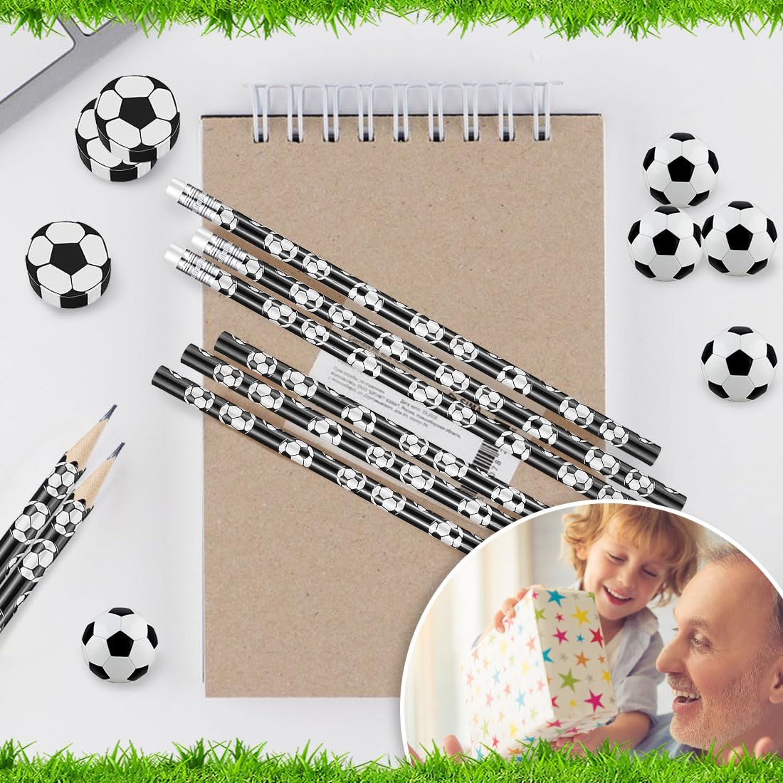 Set di Cancelleria a Tema Calcio 12 Matita da Calcio + 12 Gomme Cancellare Calcio + 12 Bracciale da Calcio Regolabile Gadget Calcio Bambini per Gomme