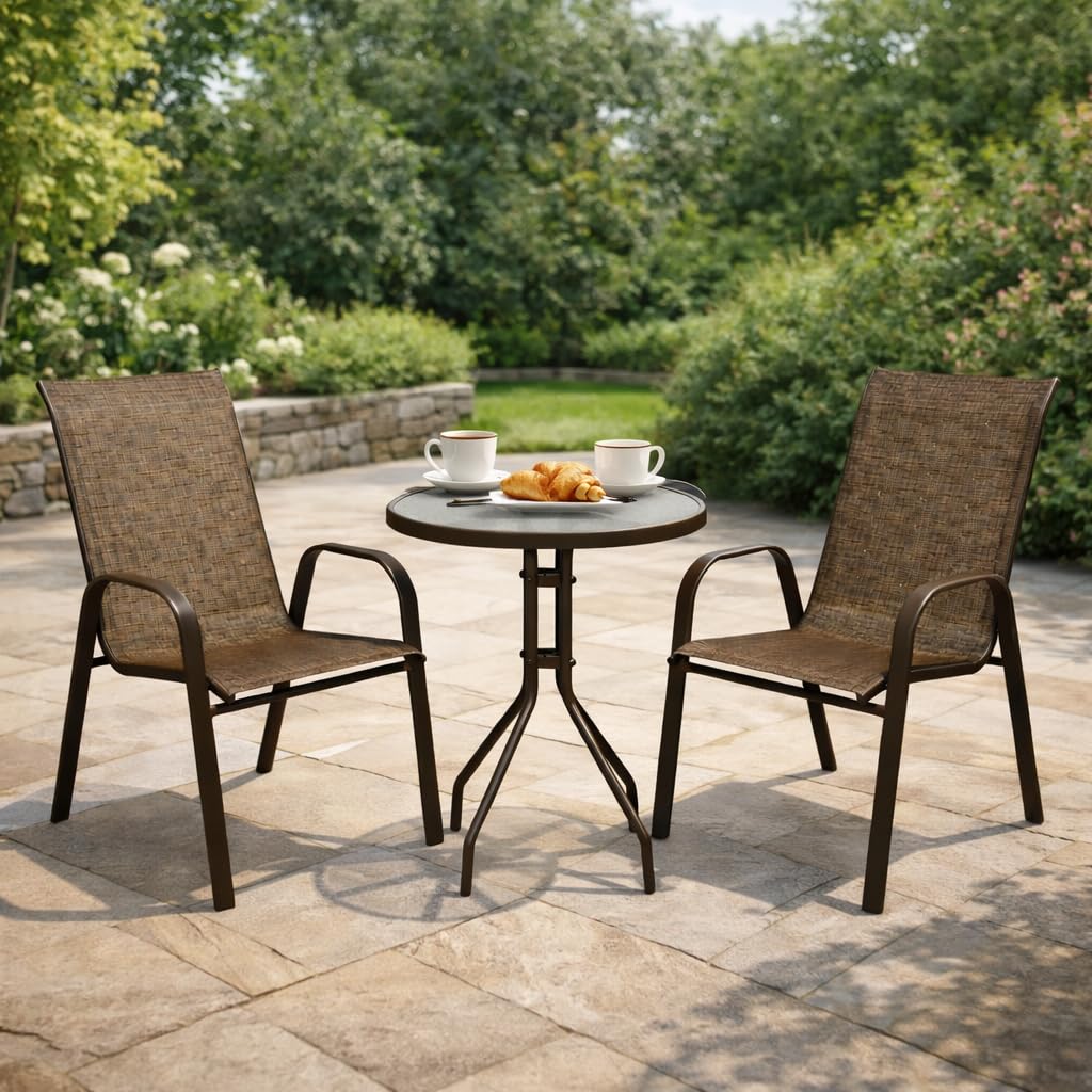 Emirates Living 3 Piece Garden Bistro Set, Outdoor Patio Table and Chairs Set, Rattan Style Bistro Set with Round Table & 2 Chairs, Weather-Resistant Furniture for Balcony, Terrace & Garden