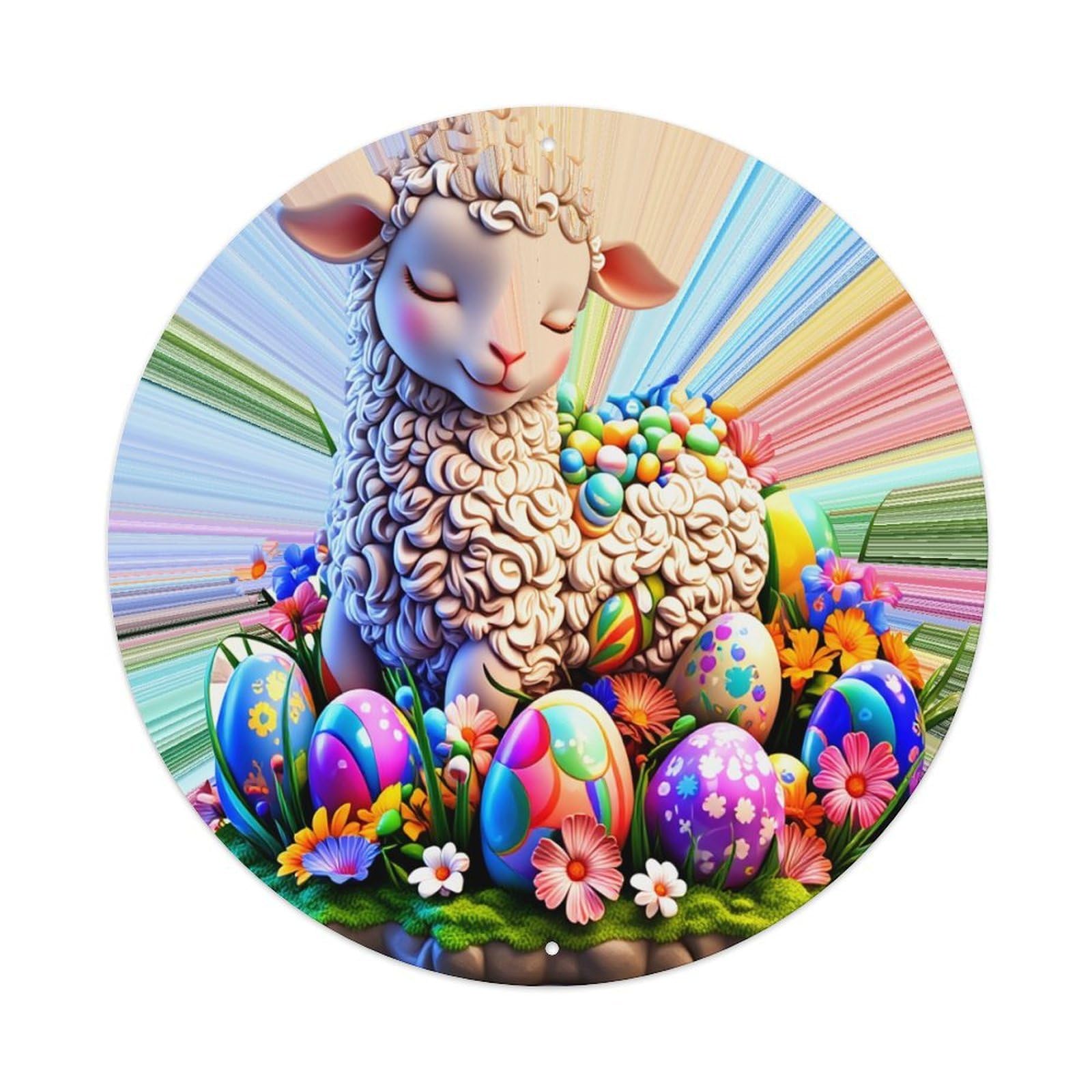 Floral Easter Eggs Lamb Spring Round Tin Sign Retro Metal Sign for Cafe Bar Pub Home Game Room Gym Club Wall Decoration Vintage Metal Poster 8x8 Inch