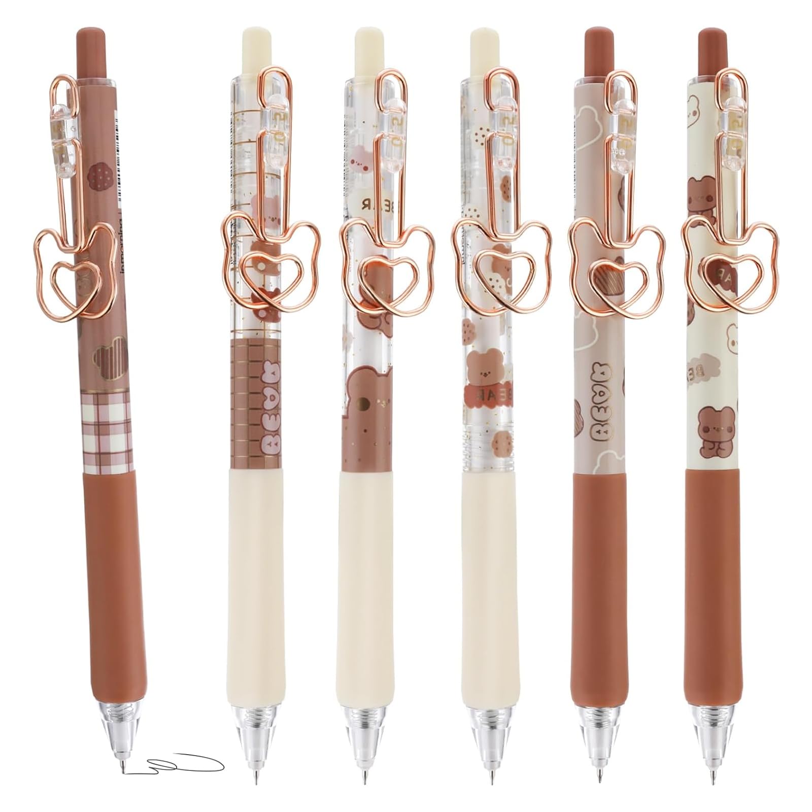 MAKINGTEC Ballpoint Pen for Student, Retractable Signature Pen Gel Rollerball Pens Cute Bear for Office Pen Cute Stationery 6 Pcs