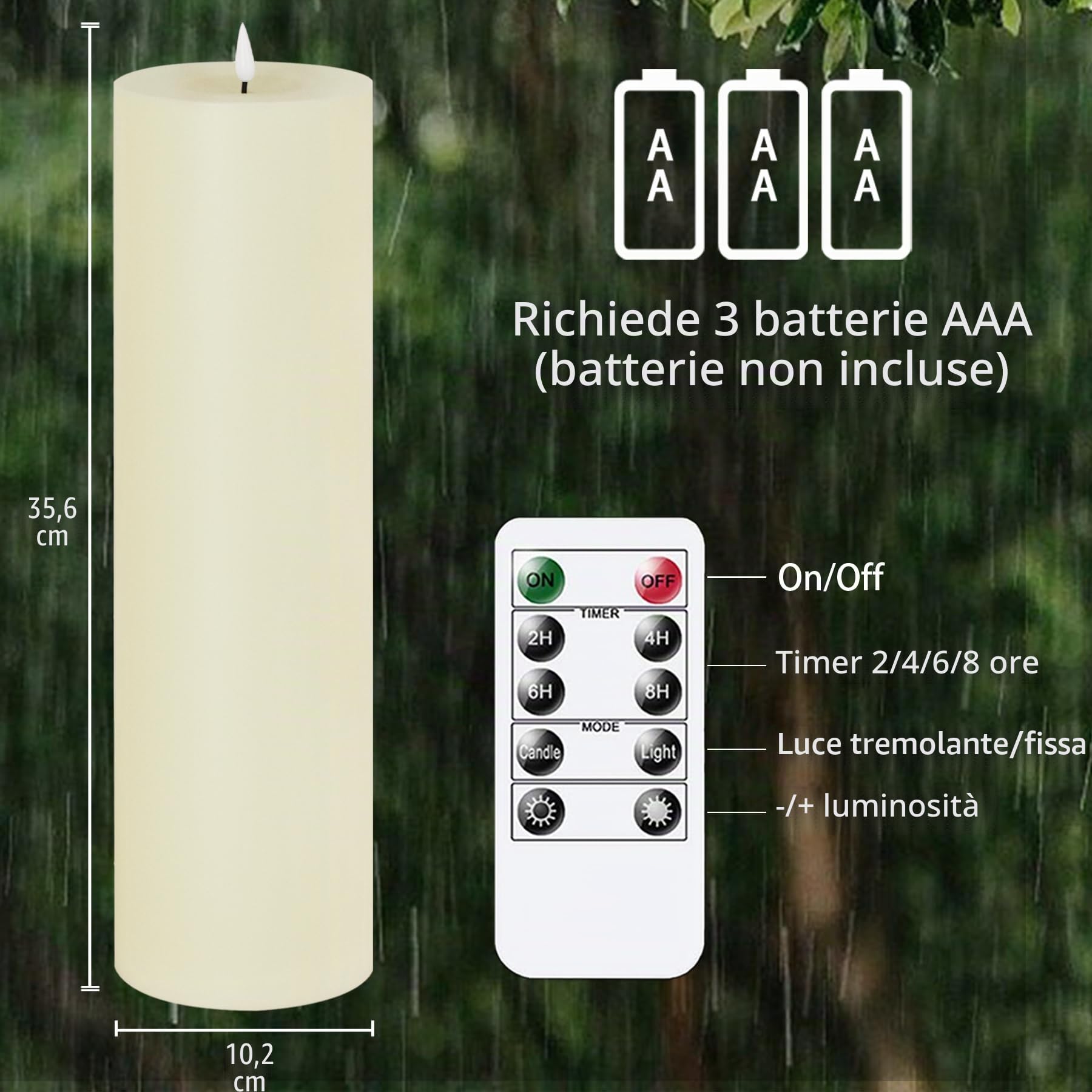 Candele LED remote impermeabili senza fiamma da 10 cm x 35 cm, Temporizzazione a batteria Candele sfarfallanti grandi in plastica avorio per esterni(Lunga durata 420 ore, confezione da 1)