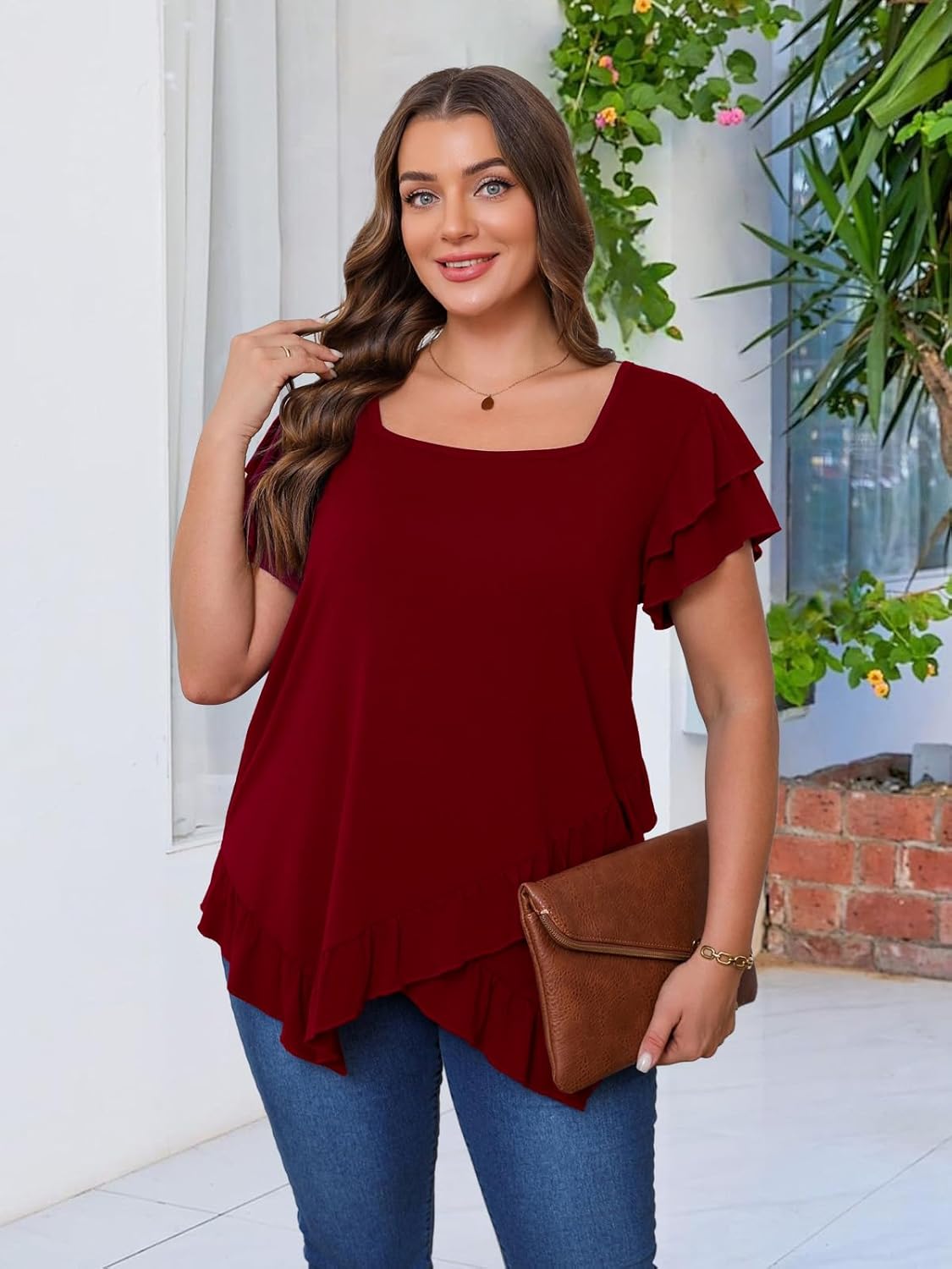 Beauhuty Womens Plus Size Shirts Square Neck Loose Tops Ruffled Hem Tunic Casual Flowy Dressy Blouses Ruffle Short Sleeves - Image 2