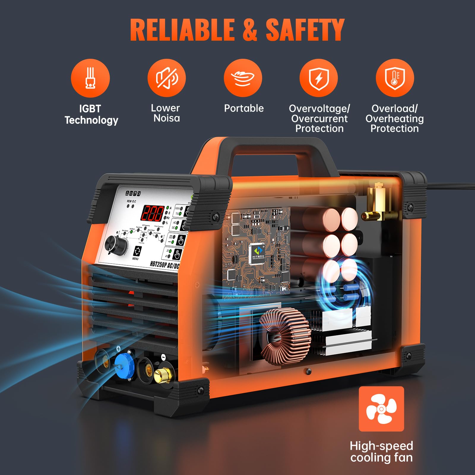 HITBOX Soldadora TIG 6 en 1 AC/DC, 200 A, Función Pulsada, Tecnología Inversor IGBT, Control Digital 2T/4T, Nueva Versión para Aluminio, Acero Inoxidable y Acero (HBT250P AC/DC)