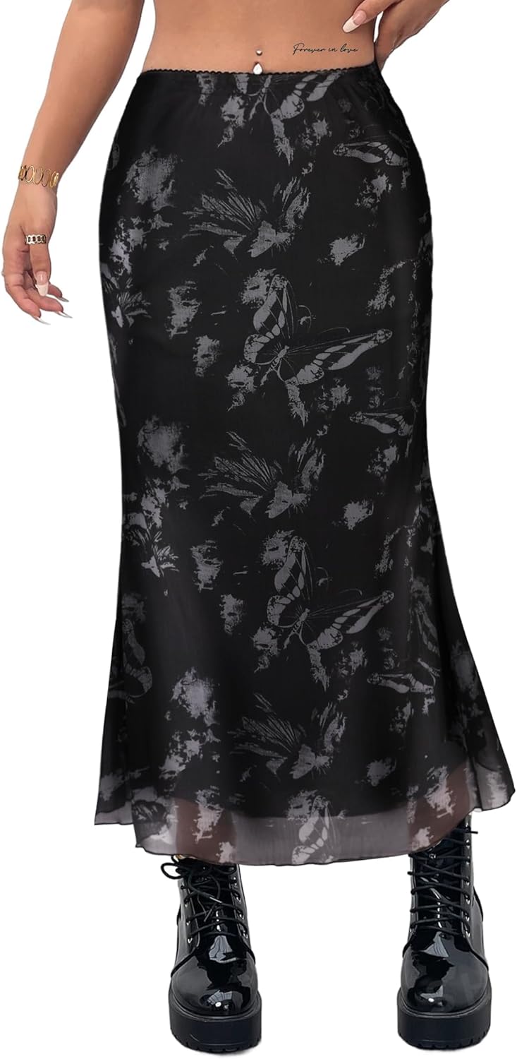 Avanova Women Boho Floral Mesh Long Skirts Elastic High Waisted Mermaid Hem 90s Grunge Maxi Skirt Black Grey XX-Large