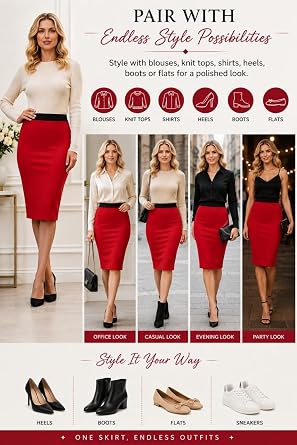 Women's Midi Pencil Skirt High Waisted Stretch Bodycon Knee Length UK 8-26