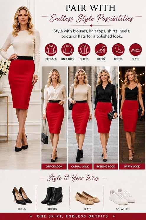 Women's Midi Pencil Skirt High Waisted Stretch Bodycon Knee Length UK 8-26