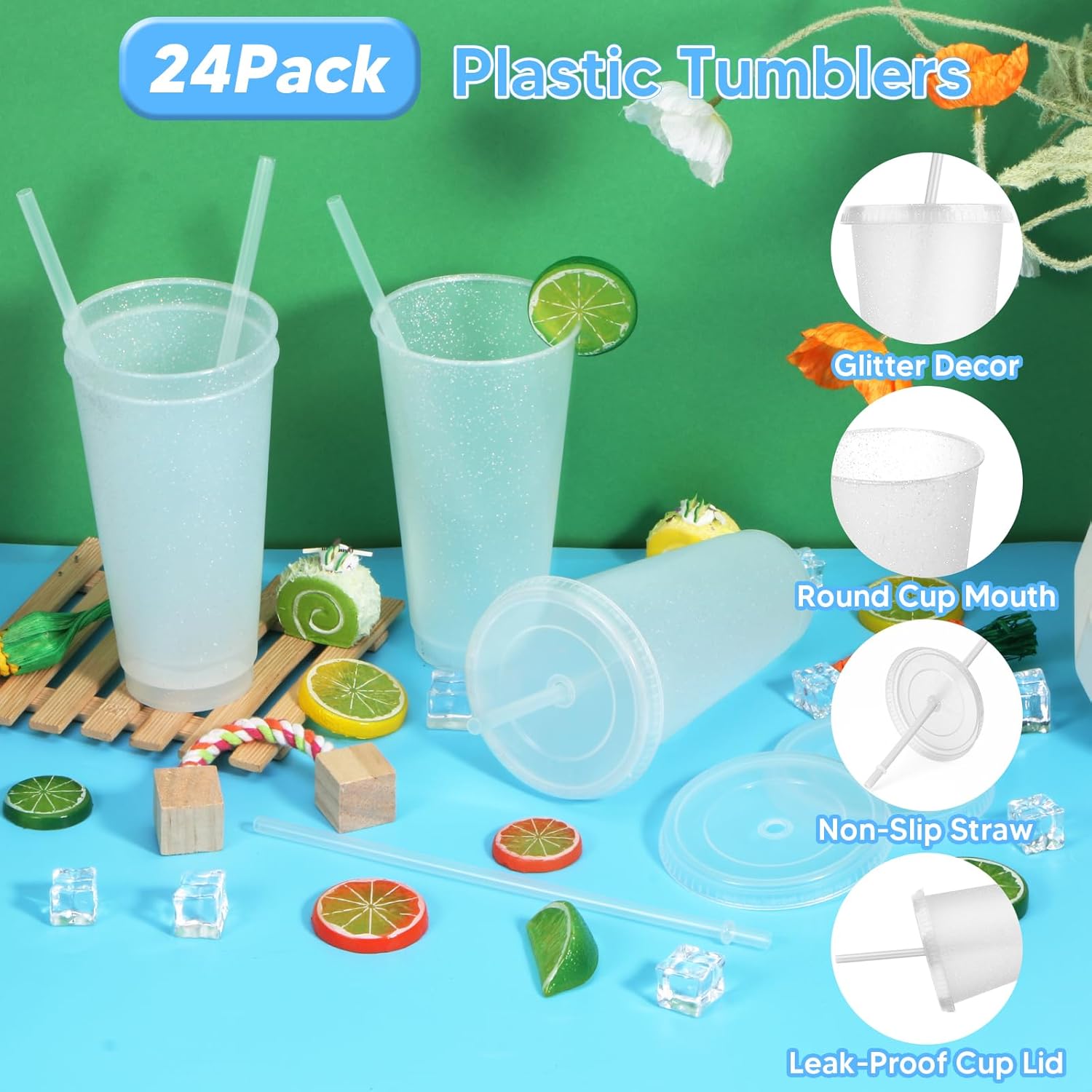 24 Pack Plastic Tumblers with Lids and Straw, Reusable Cups with Lids and Straws White Cups for Cold Drink Iced Coffee, Plastic Tumbler Bulk for Party Birthday Gifts (24 oz, White) - Image 3