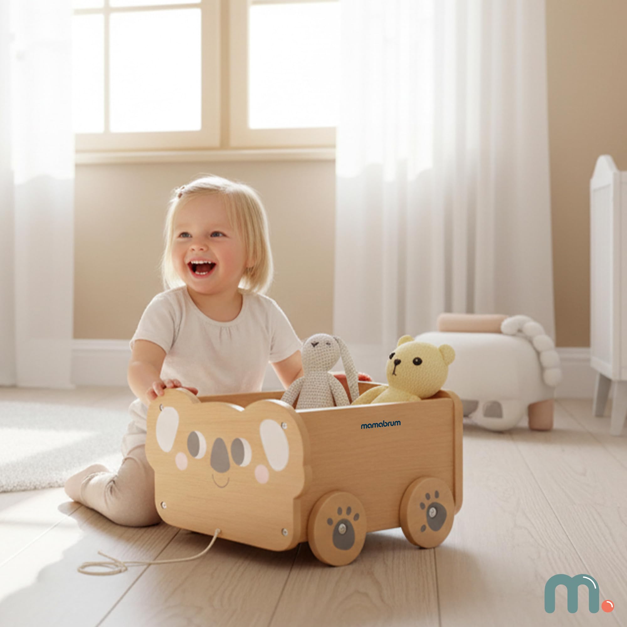 Mamabrum Carrito de Madera Koala para Niños con Cuerda, Juguete de Arrastre con Espacio de Almacenaje 5,54 l, Carro Infantil Educativo para Juego Diario